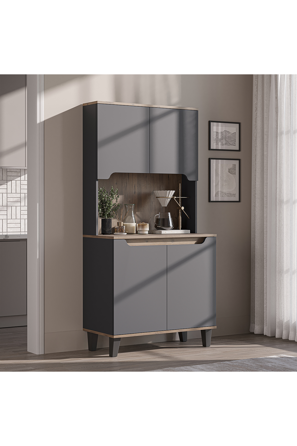Laurel Coffee Corner, Multipurpose Cabinet, 4-Door Pantry Cabinet, Kitchen Cabinet 90 cm