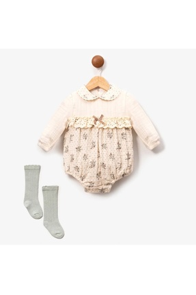 PofudukButik Pofuduk Butik Kız Bebek Vintage Çiçek Desenli Müslin Romper Tulu...