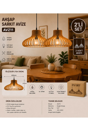 avizon 2’li Ahşap Sarkıt Avize AVZ11 E27 Uyumlu Modern Dekoratif Avize Seti