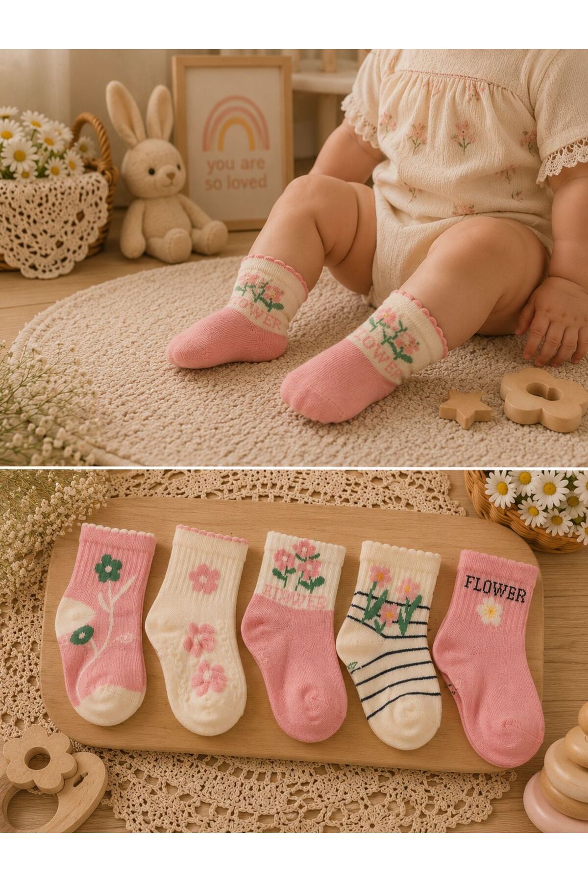 Baby & Kids Premium Colorful Patterned Cotton Socket Socks / 5 Pairs / Wash / Toe Seamless
