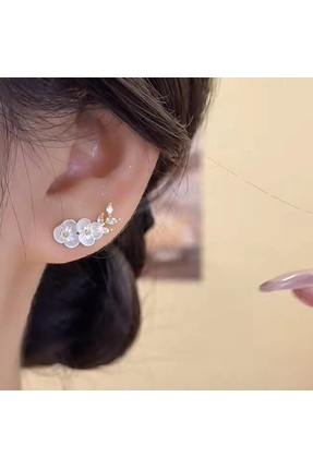 Glamluxe Zarif İnci Görünümlü Çiçek Küpe - Gold Detaylı Kristal Taşlı Minimal...