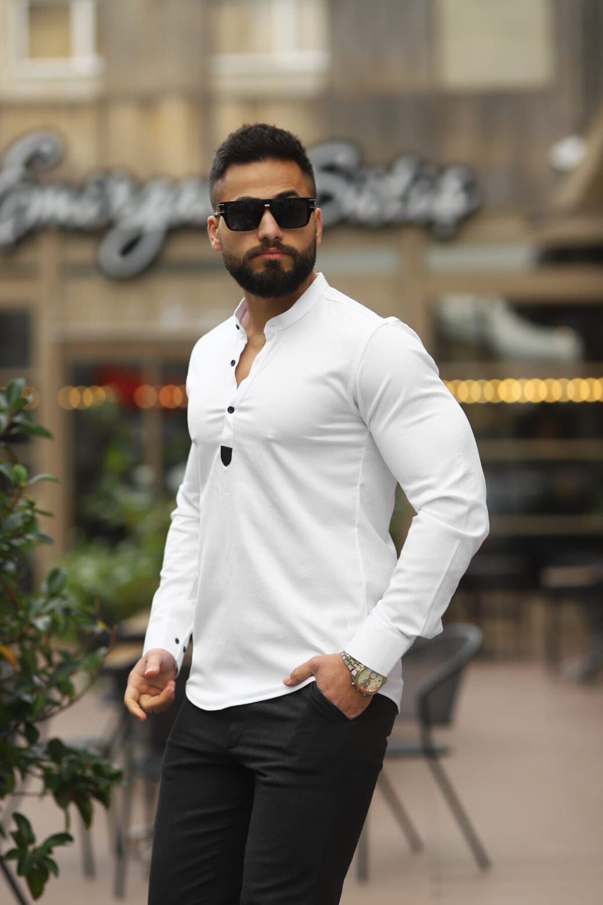BAYIM Erkek Slim-Fit Hakim Yaka Gofre Dokulu Premium Basic Gömlek görsel 3