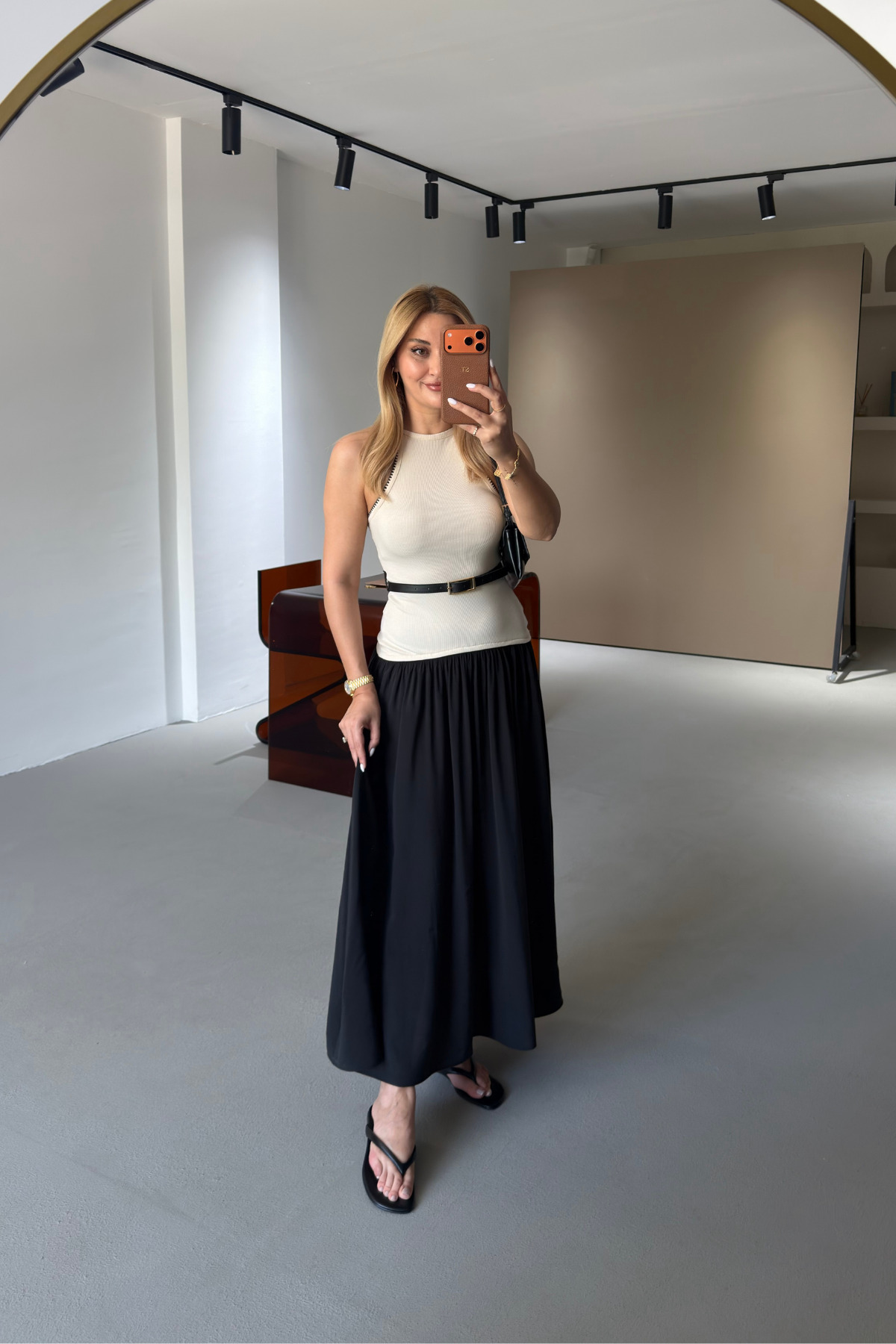 Belted Embroidery Detail Black Contrast Dress