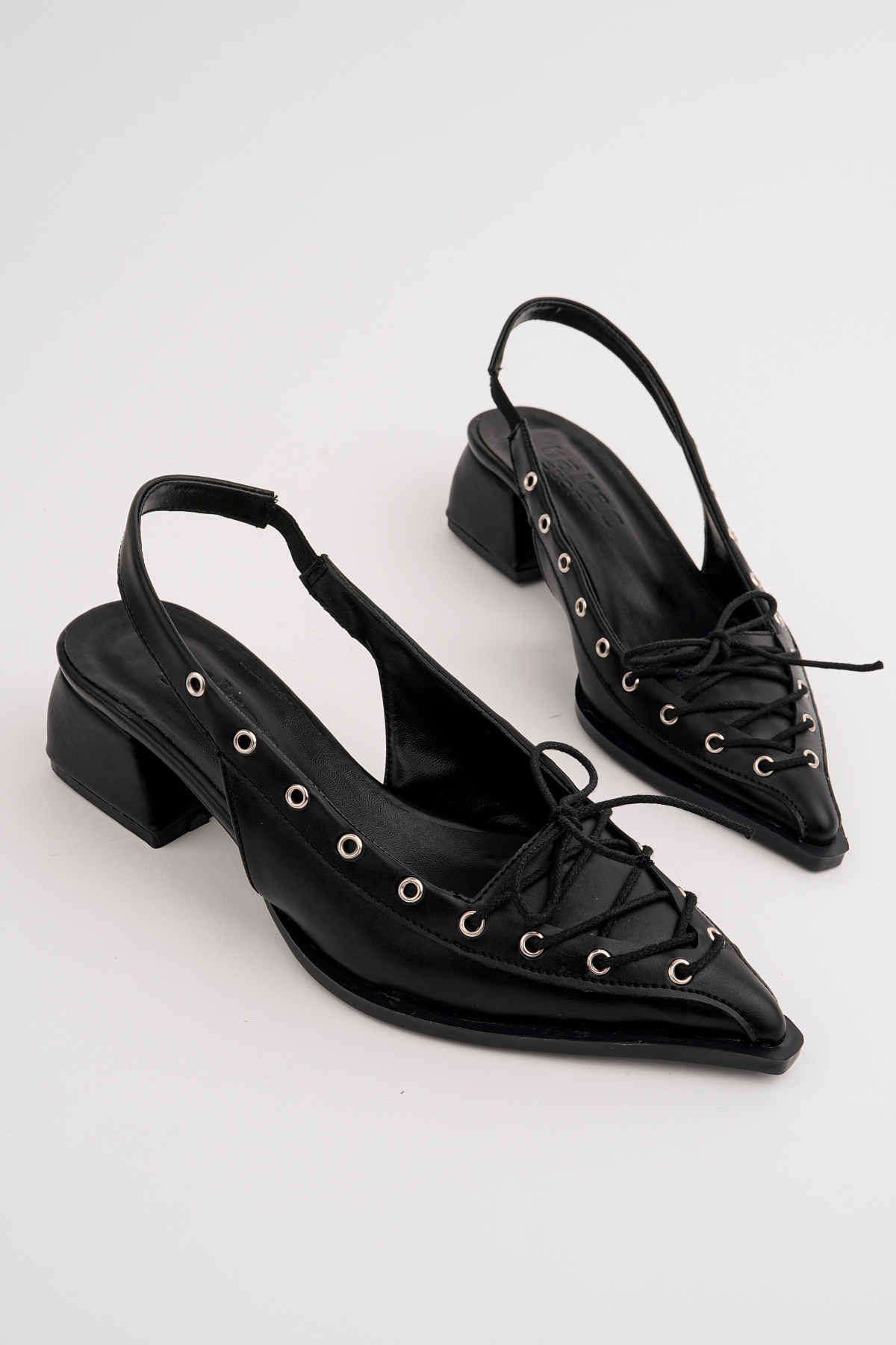 Women's Black Leather Shoelace Detailed Pointed Toe Stylish Heels