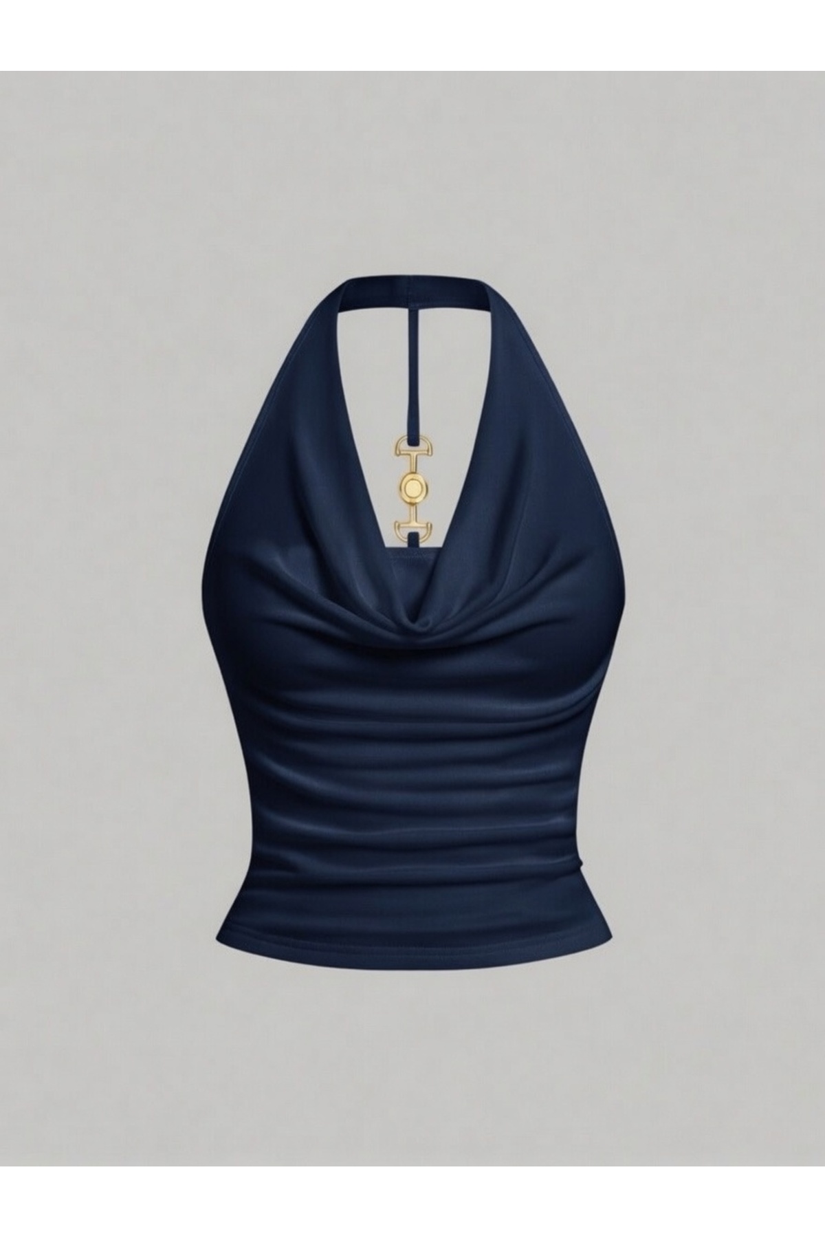 Wildco  Lacivert Degaje Yaka Halter Crop Bluz Metal Aksesuar Detaylı Slim Fit Kadın Bluz - Görsel 5