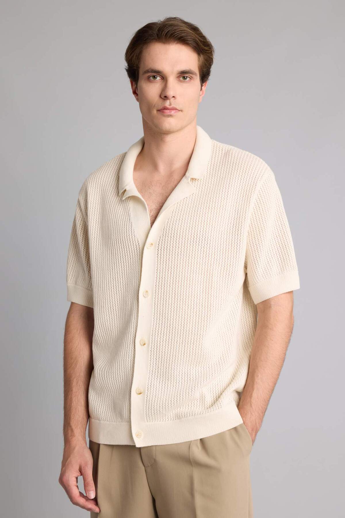 Defacto 100% Cotton Relax Fit Openwork Short Sleeve Polo Ecru Knitwear T-Shirt G8307Ax26Sm