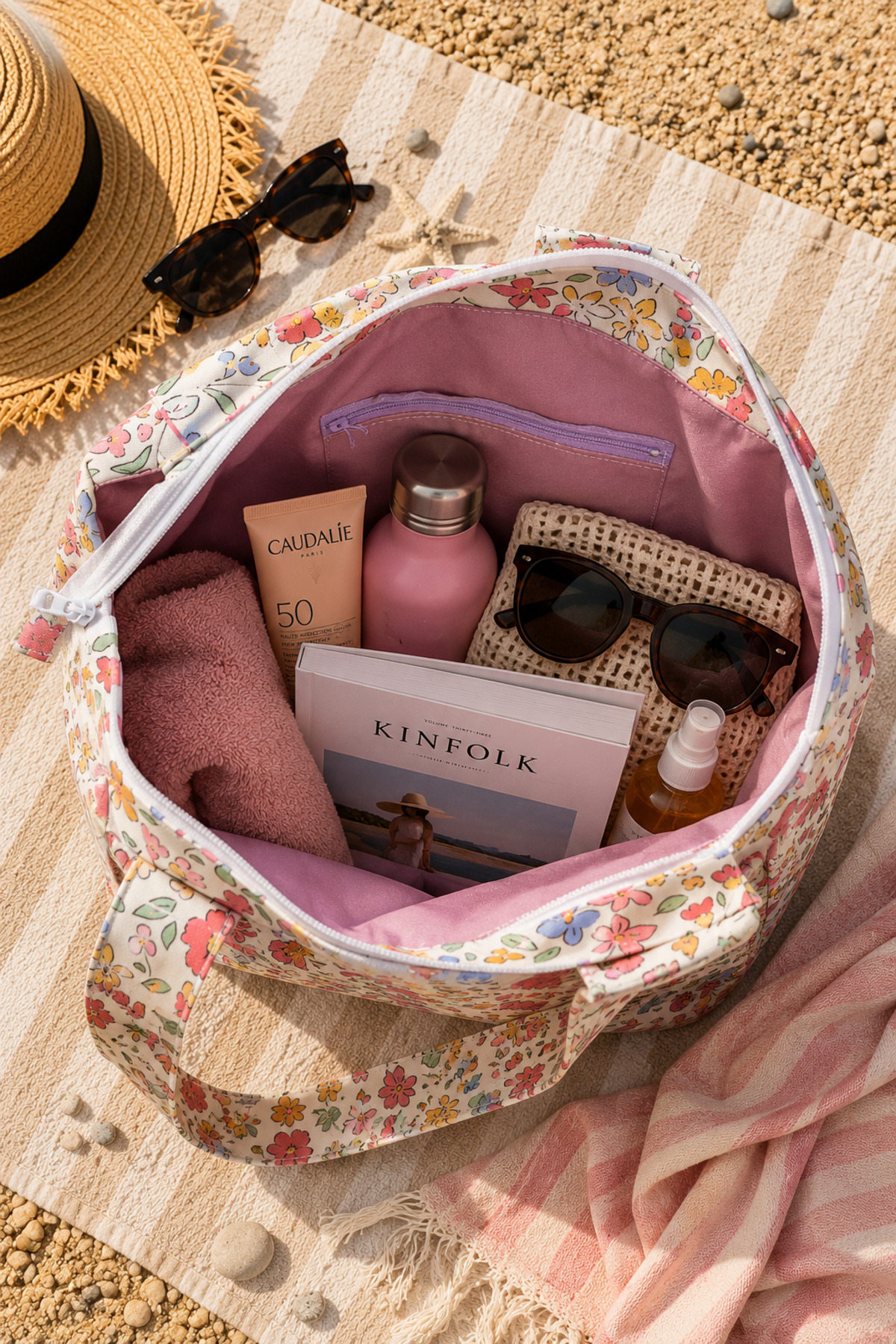 MIORA BAG Mor ve Çiçek Kombinasyonlu Fırfır Detaylı Plaj Çantası- Duck Kumaş görsel 3