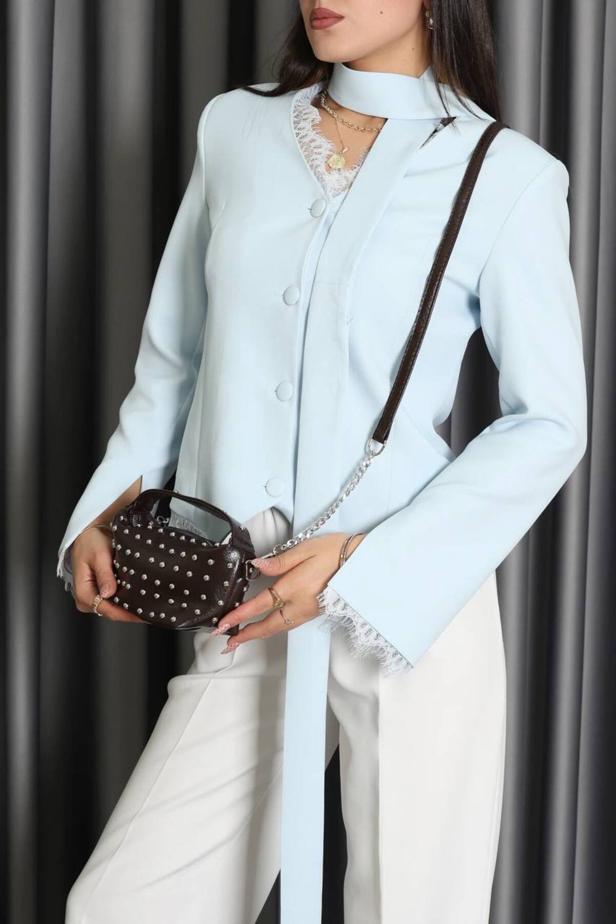 Dark Brown AUİSSE Women's Stud-Detail Handbag and Shoulder Bag görünüm 4