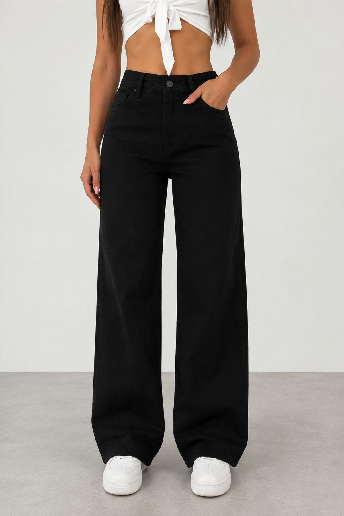 Lighter Jeans Ženske crne rastezljive široke farmerke sa visokim strukom, opu...