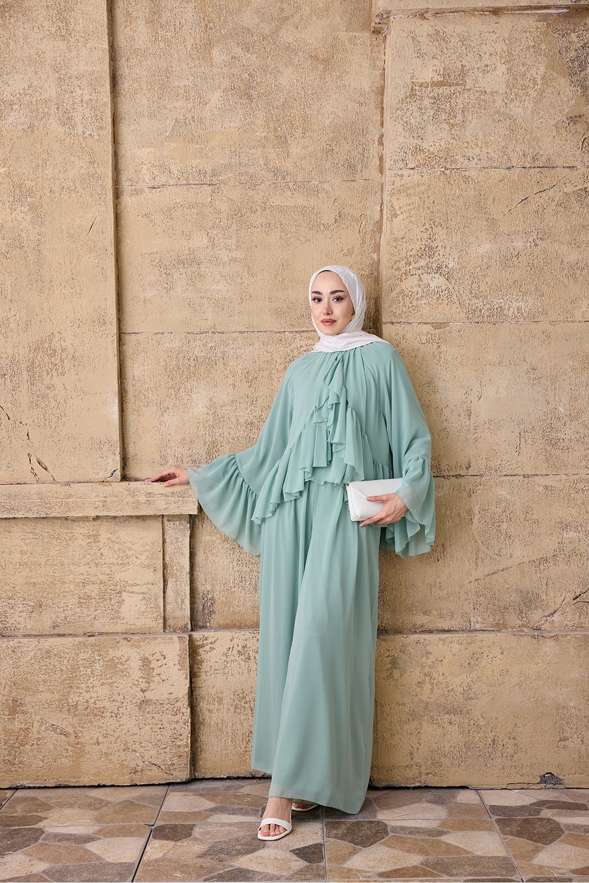 LOCCO Women's Pleated Detail Chiffon Suit with Trousers Mint Green