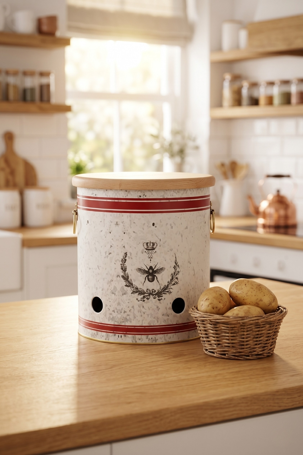 Country Housefly Ahşap Kapaklı Metal Patateslik & Soğanlık - 9 lt / Ø225x240 mm — Patates Soğan ve Sarımsak Saklama Kabı —…