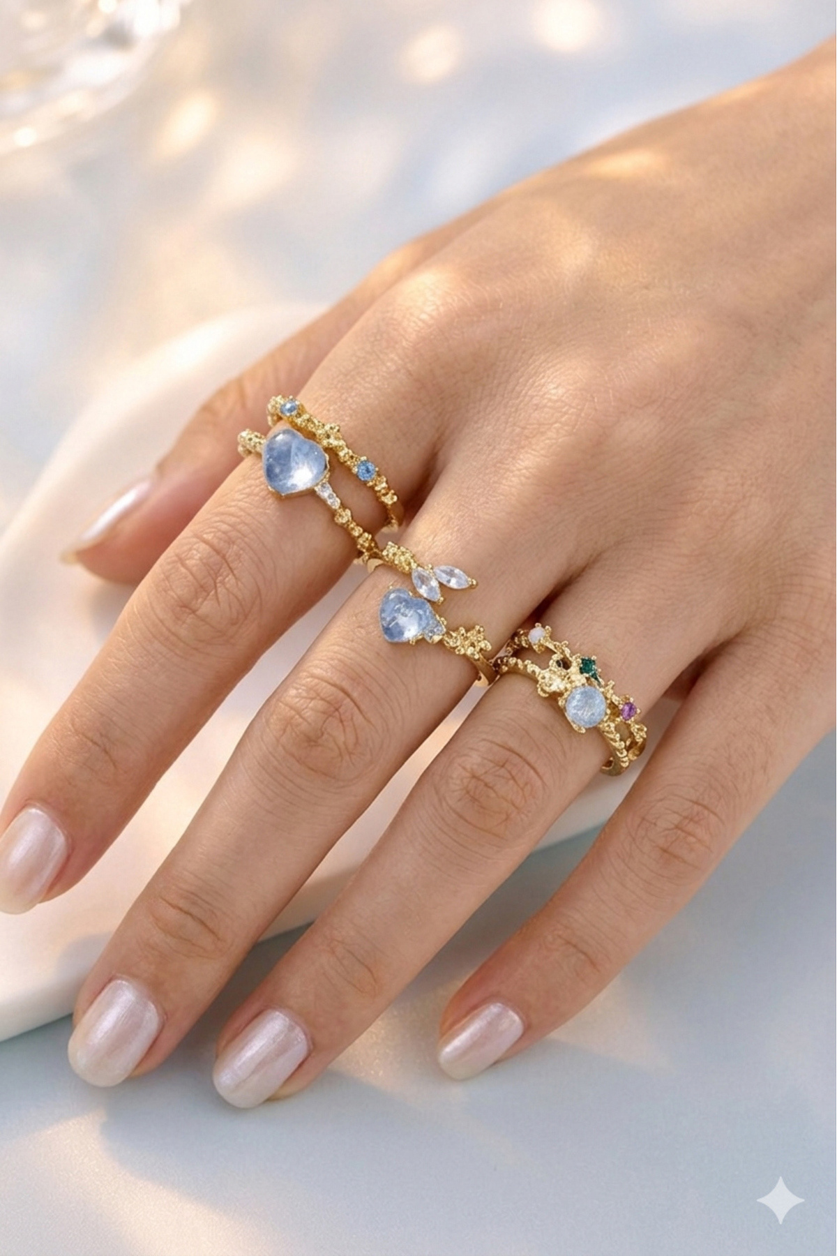 The Collection 3'lü Mavi Taşlı Kombin Ay yıldız kelebek Pinterest Tasarım Gold Yüzük Set görsel 3