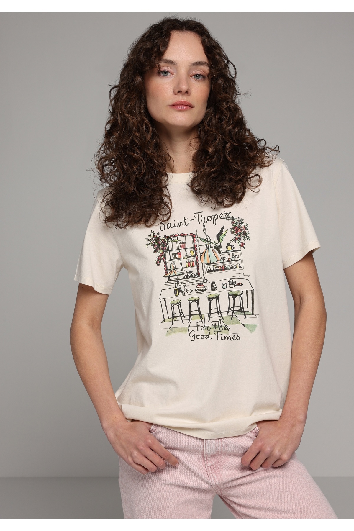 Colin’s Regular Fit Round Neck Printed Women's Ecru Short Sleeve T-Shirt