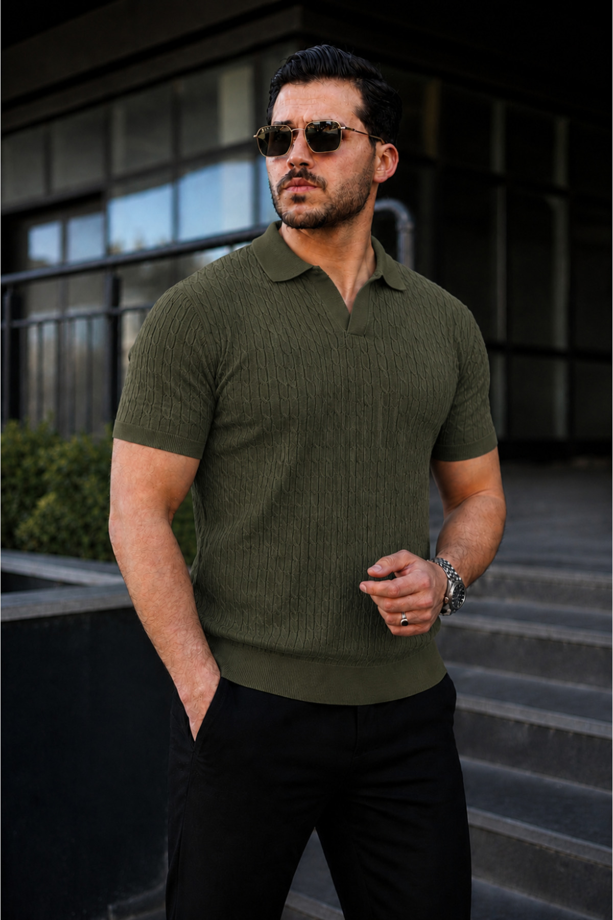 comstar Men's Casual Striped Khaki Knitwear Polo Neck T-Shirt
