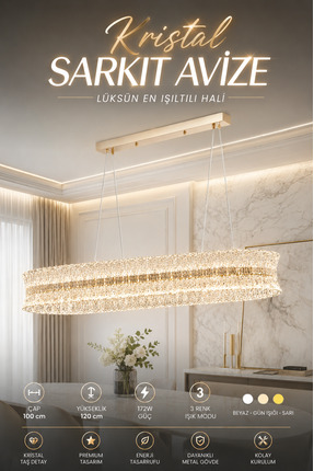 Elvora Home Modern (PREMIUM) Kristal Sarkıt Avize Gold Kasa Üç Renk LED Cam T...