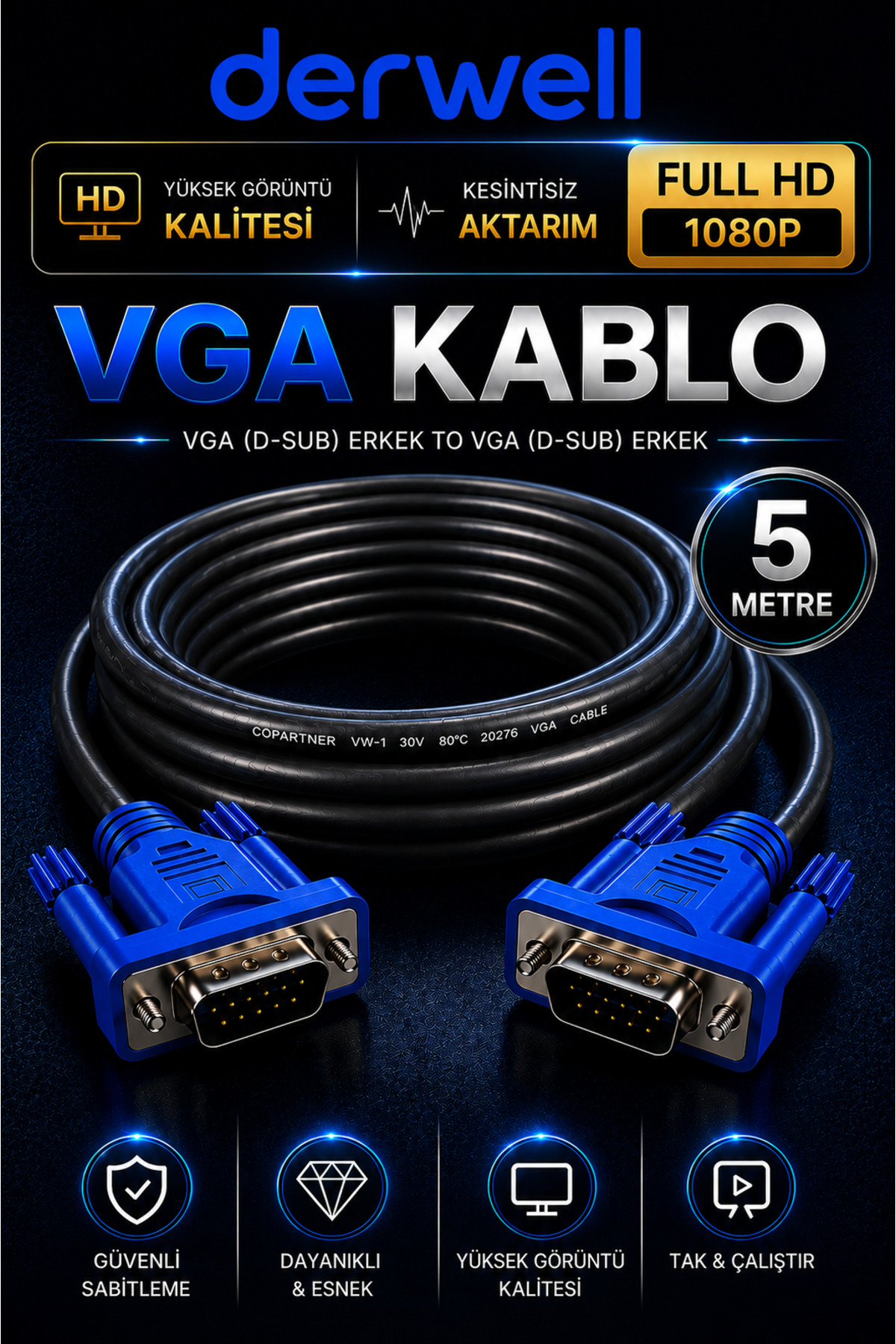 5 Metre VGA Kablo Full HD 1080P Kesintisiz Aktarım D-Sub Erkek To Erkek Altın Uçlu Dayanıklı Monitör Projeksiyon Bilgisayar Ekran Görüntü Aktarıcı Kablosu Çift Vidalı Güvenli Sabitleme