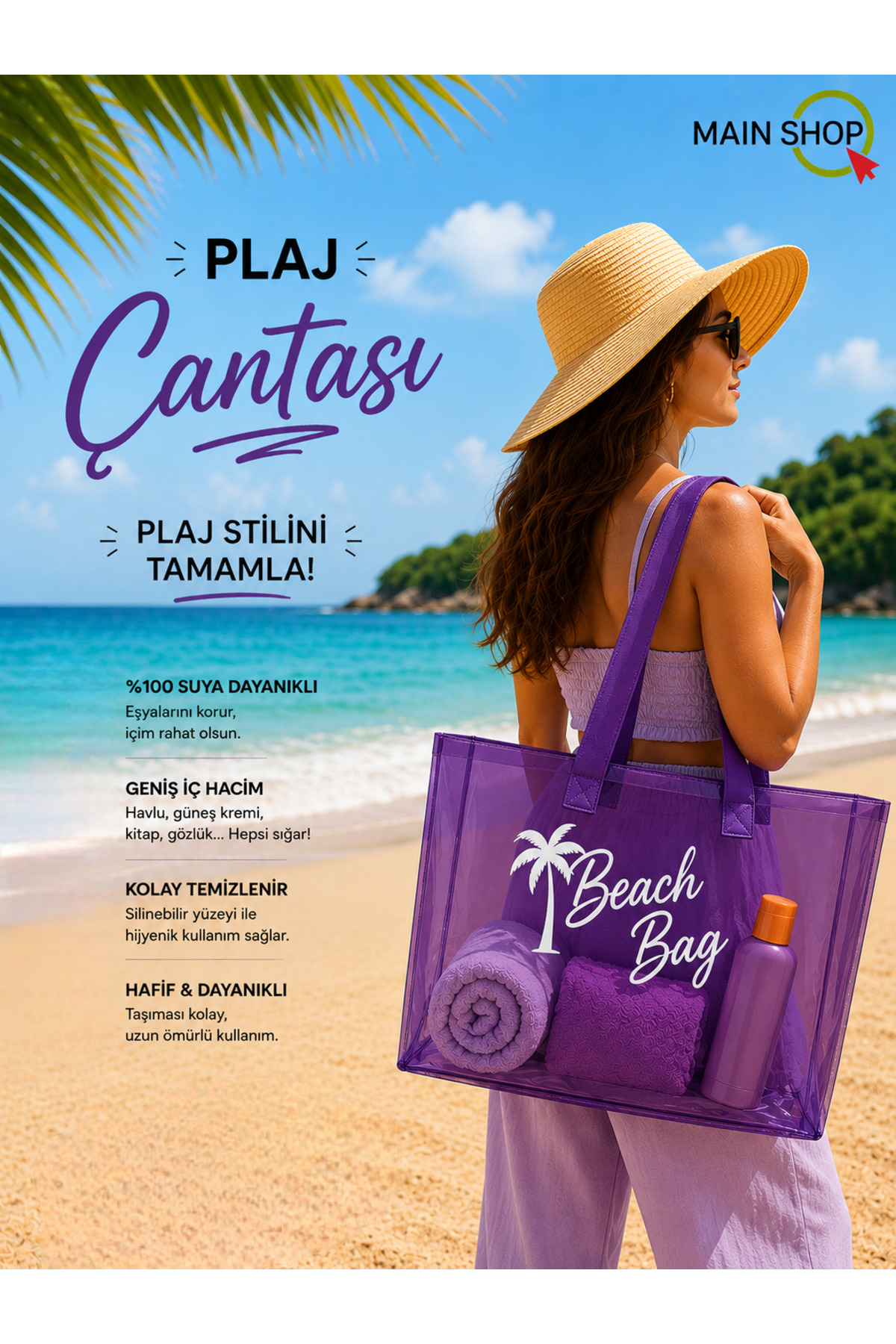 MAİN SHOP Büyük Boy Beach Bag Mor Şeffaf Deniz Plaj Çantası M-PLJ02