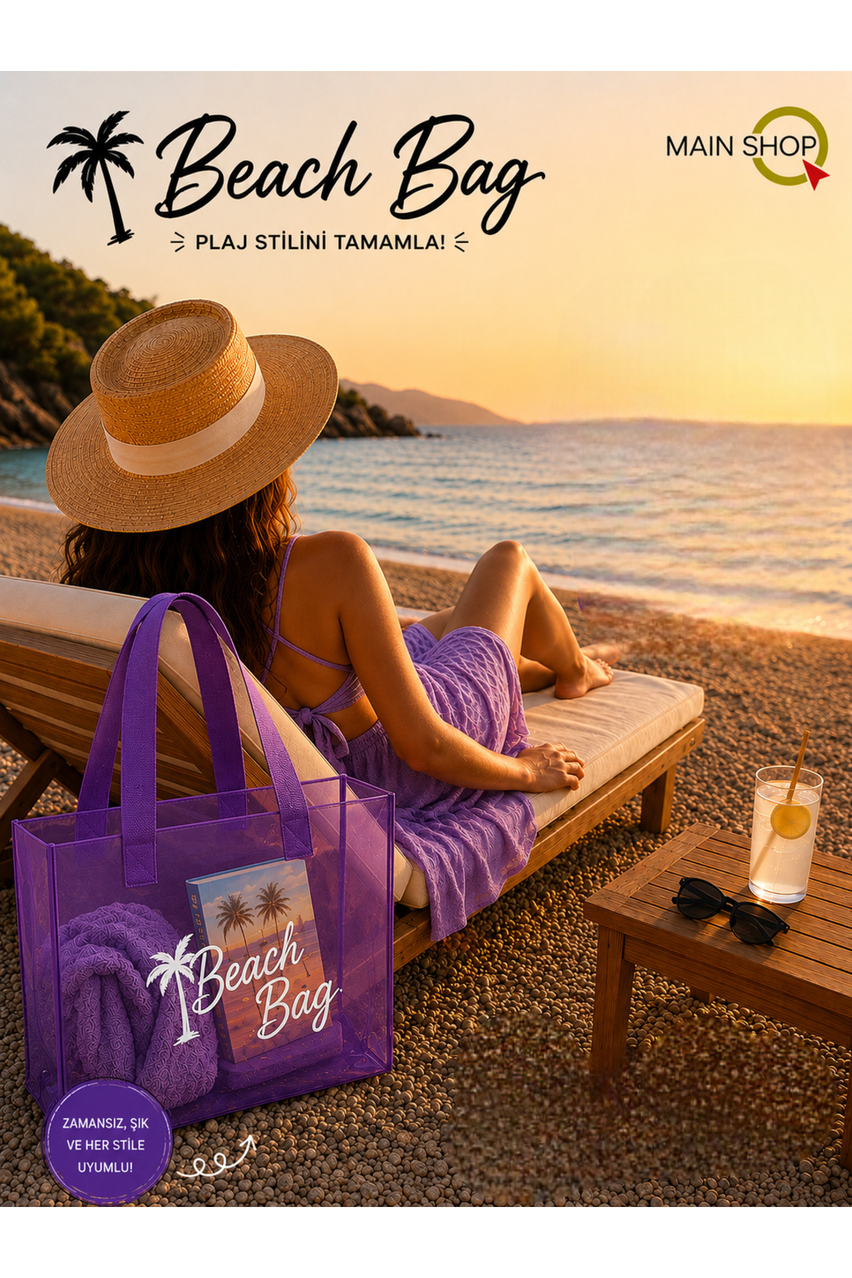 MAİN SHOP Büyük Boy Beach Bag Mor Şeffaf Deniz Plaj Çantası M-PLJ02 görsel 5