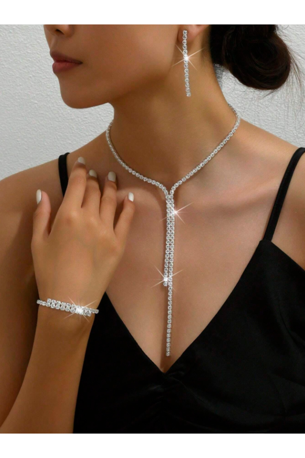 Y model Kristal Taşlı Takı Seti Özel Gün Seti Gelin Seti Davet Seti