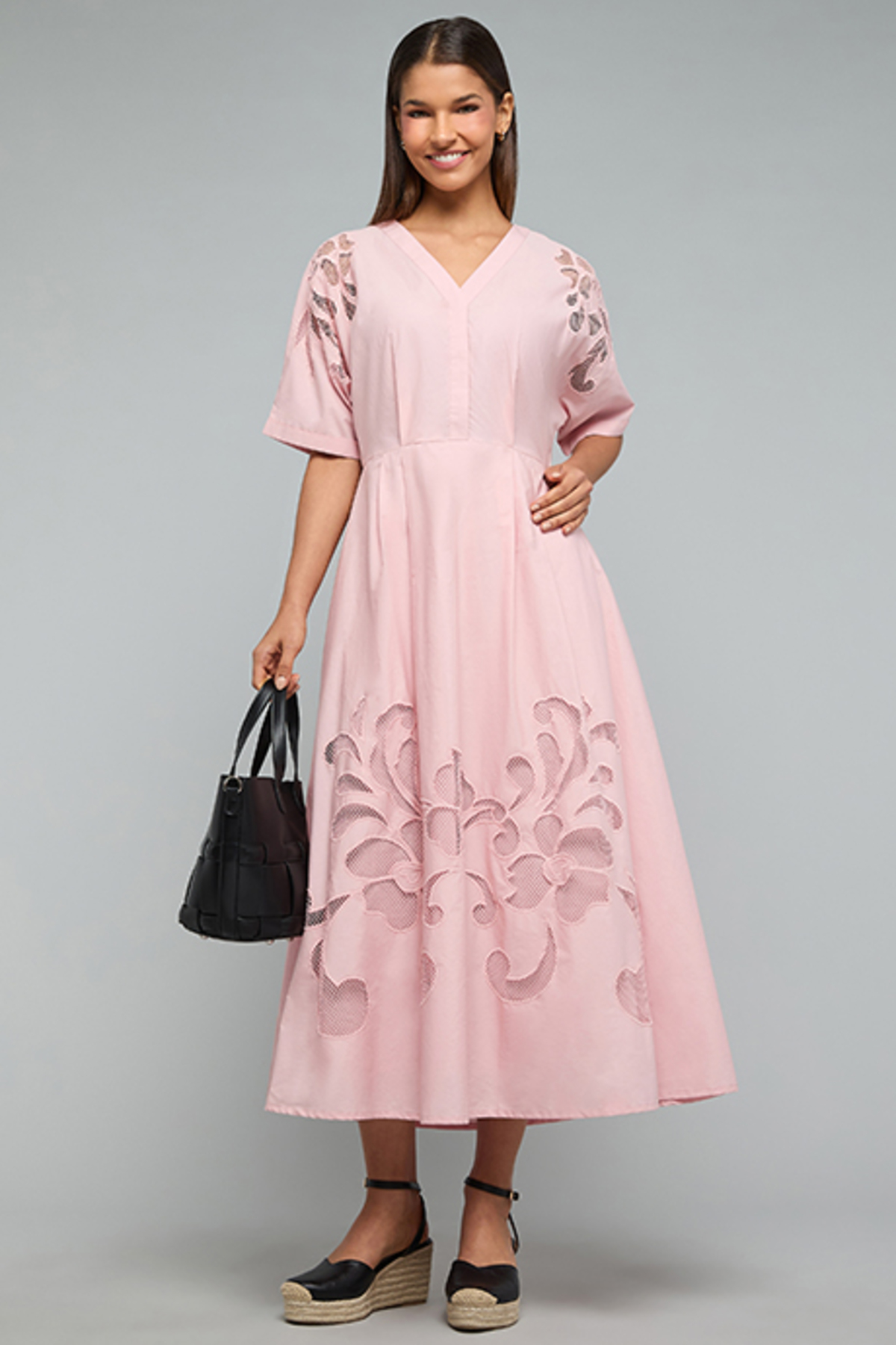 R&B Mesh Detail Flared Dress with V-Neck and Short Sleeves