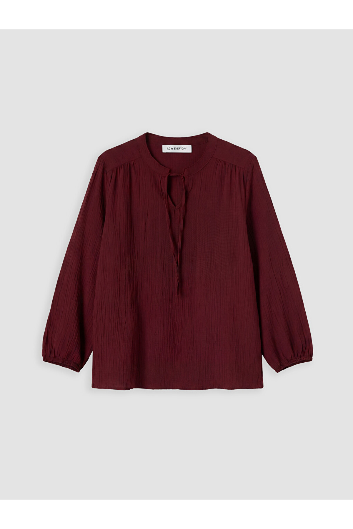 LC Waikiki Burgundy Tie-Neck Gathered Textured Blouse