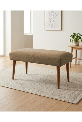 Azra Aksesuar Kahverengi Keten Kumaş Bench Puf 90x45x46 cm Ahşap Ceviz Ayaklı...