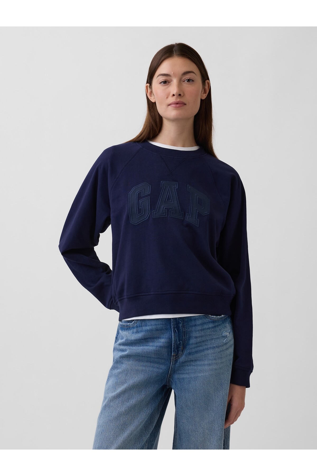 GAP  Kadın Lacivert Fransız Havlu Kumaş Raglan Logo Sweatshirt