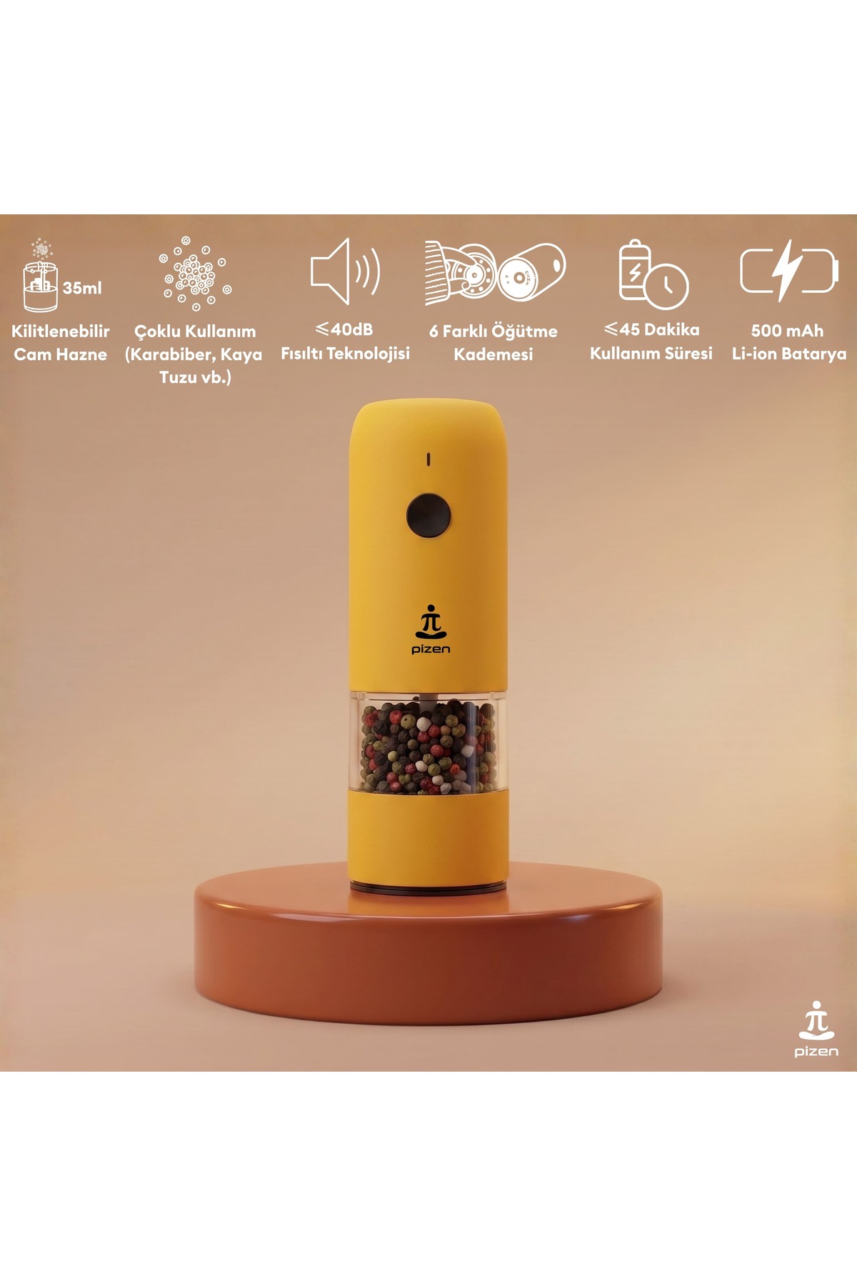 Pizen Windmill USB Type-C Şarjlı Otomatik Baharat Öğütücü LED