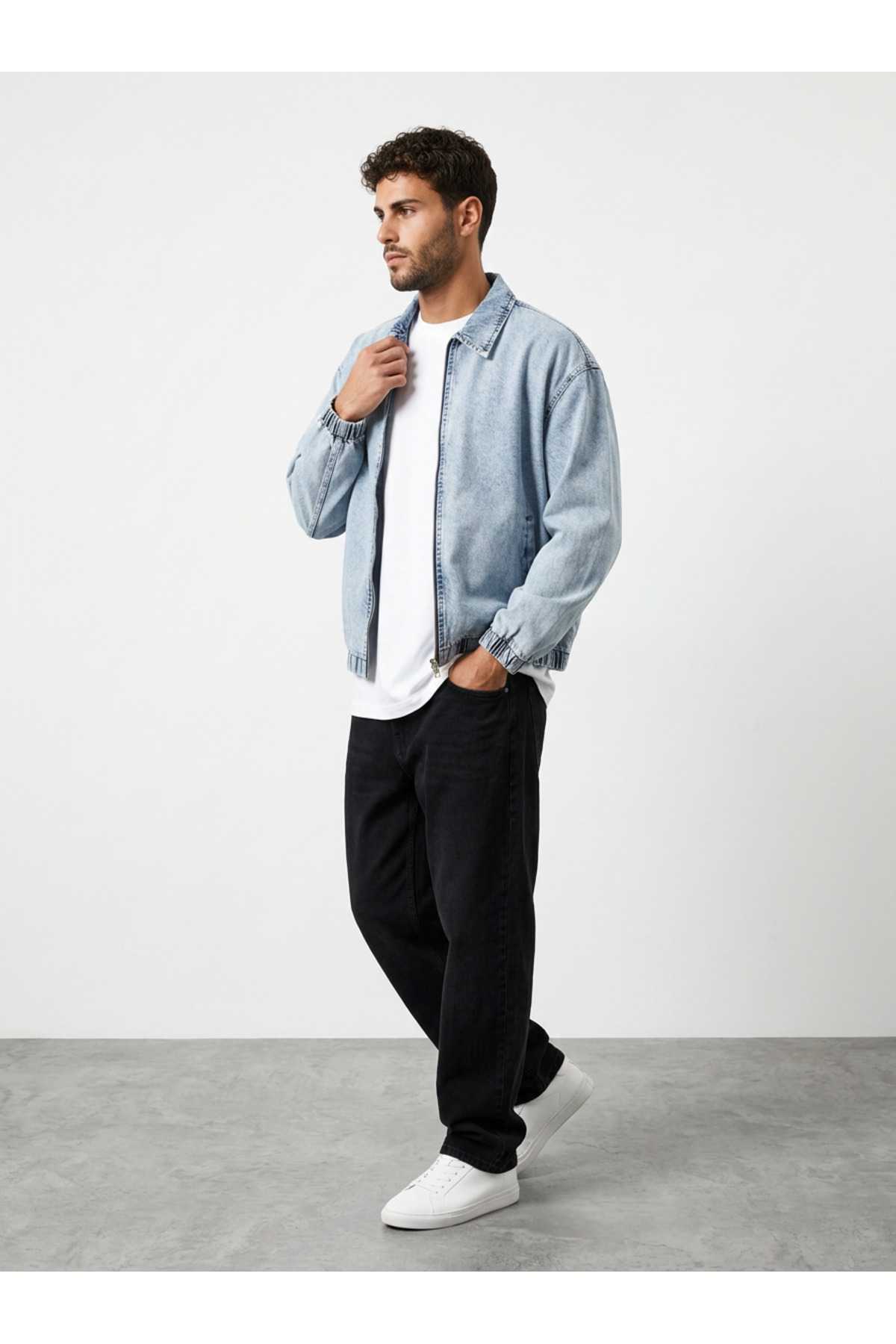 maroni Erkek Oversize Bomber Ceket Fermuarlı Basic Günlük Şık Kot Ceket görsel 3
