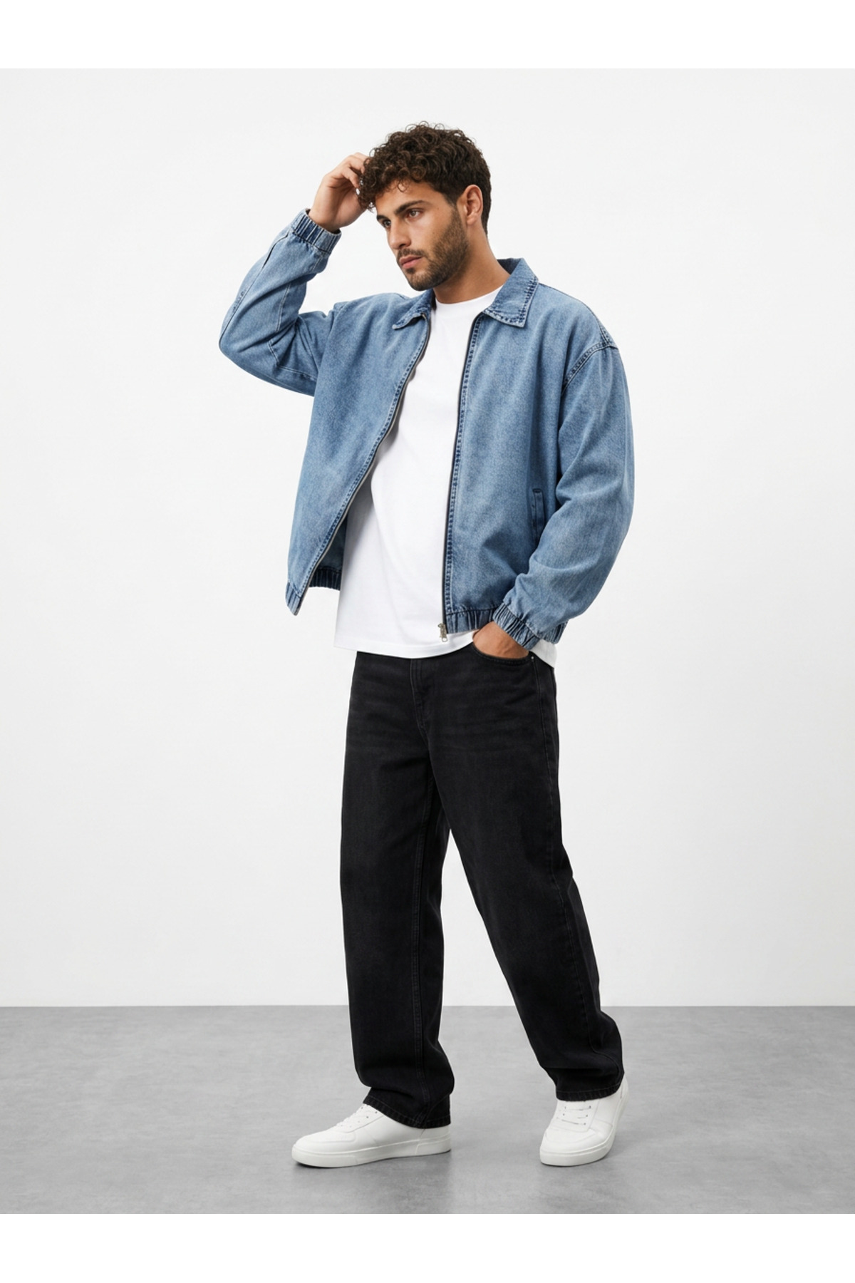 maroni Erkek Oversize Bomber Ceket Fermuarlı Basic Günlük Şık Kot Ceket görsel 5
