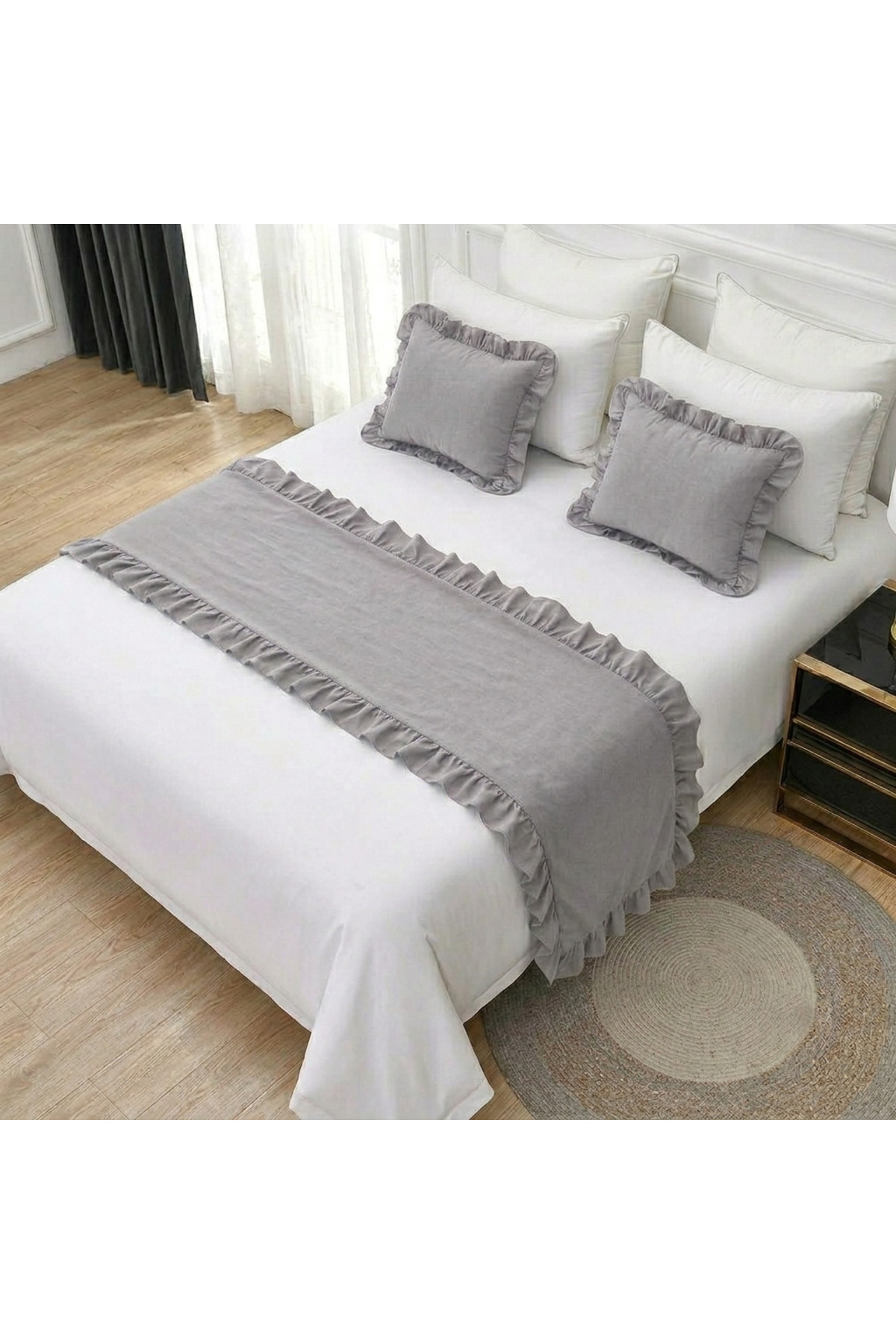 Frilly Bed Runner (70x250 cm) and 2 Decorative Pillow Covers (43x43 cm) Set