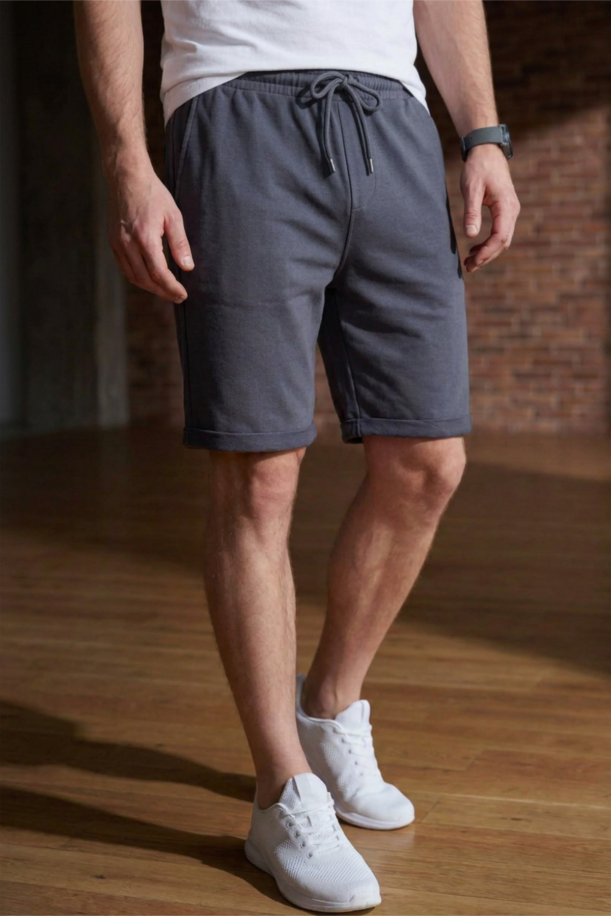 Men's Smoked Combed Cotton Fabric Shorts Regular Mold Double Leg Side Pockets