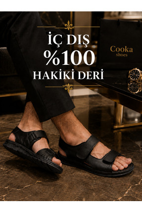 CookaShoes Cooka Shoes Erkek Siyah Cırt Cırtlı Hakiki Deri Günlük Sandalet Or...