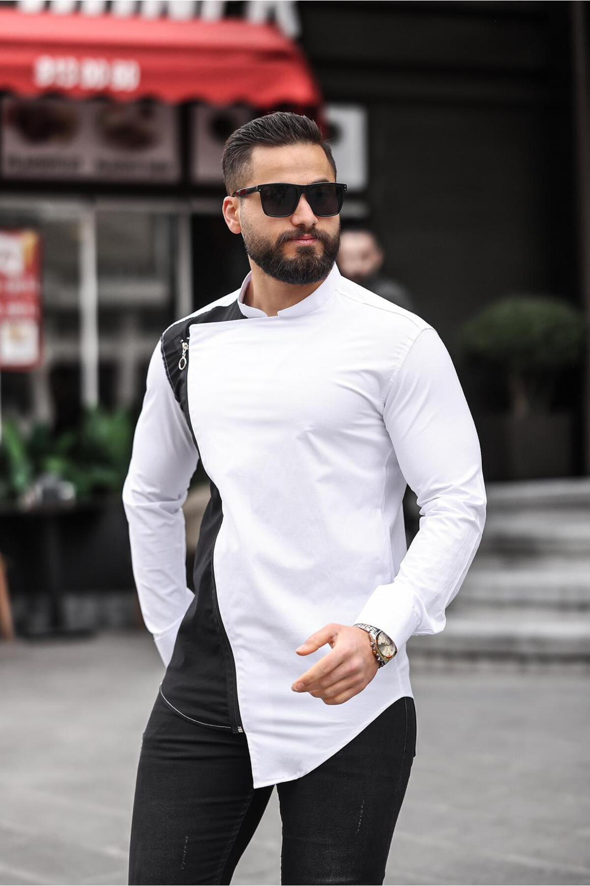 Çift Renk Asimetrik Fermuarlı Erkek Slim Fit Gömlek — سفید BAYIM ÇİFT RENK ASİMETİK FERMUARLI