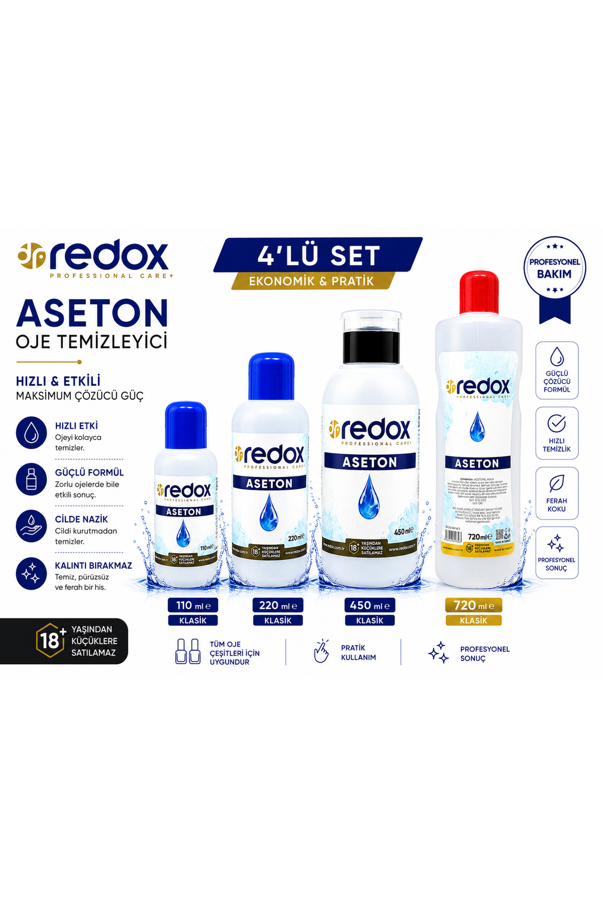 Aseton Oje Temizleyici 4'lü Set 110 ml + 220 ml + 450 ml + 720 ml Klasik — drredox110*5