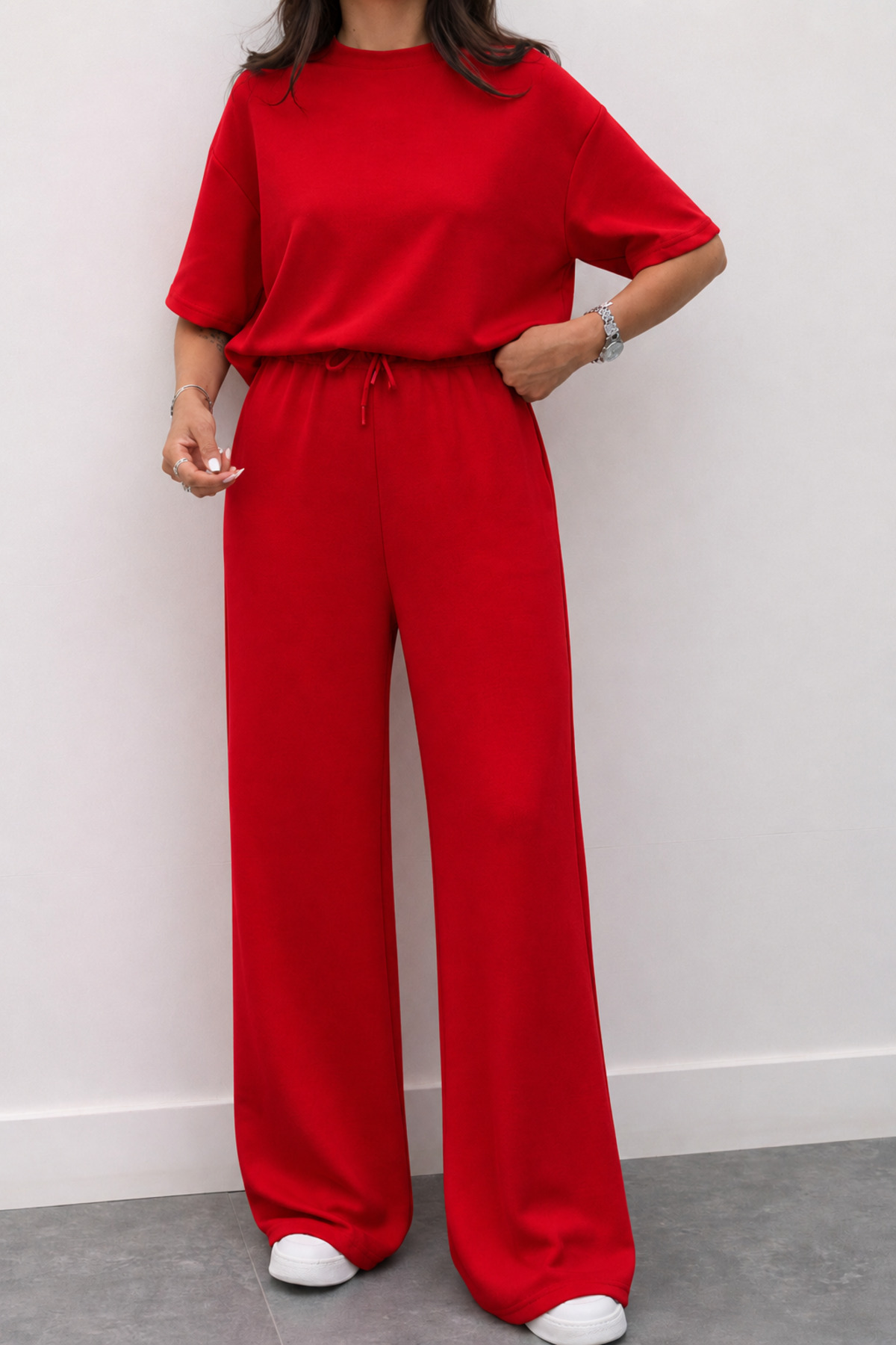 Women's Red Modal Fabric Short Sleeve Tracksuit 3081