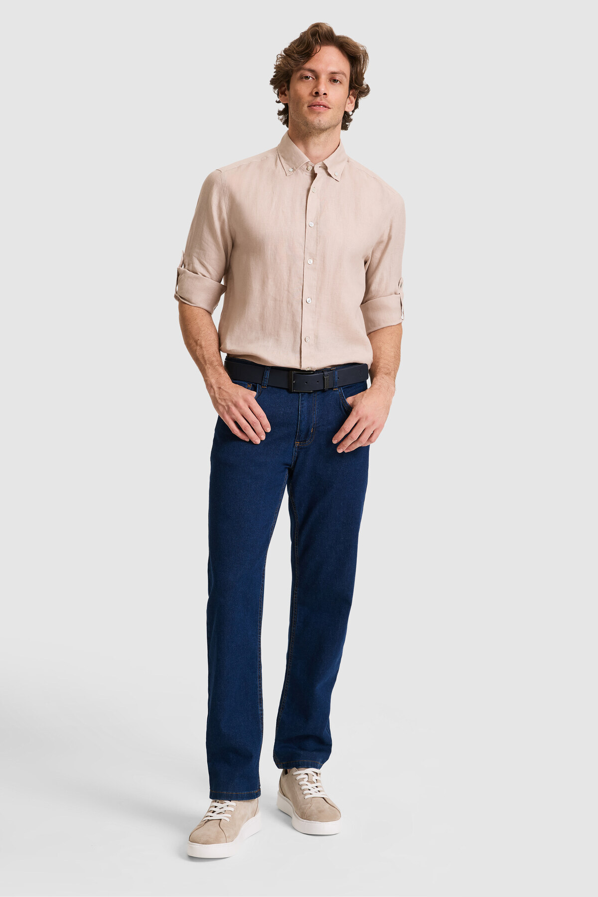 Erkek Regular Fit Taş Uzun Kollu Keten Gömlek 50319065-VR049 — خاکستری — تصویر 4 از 7