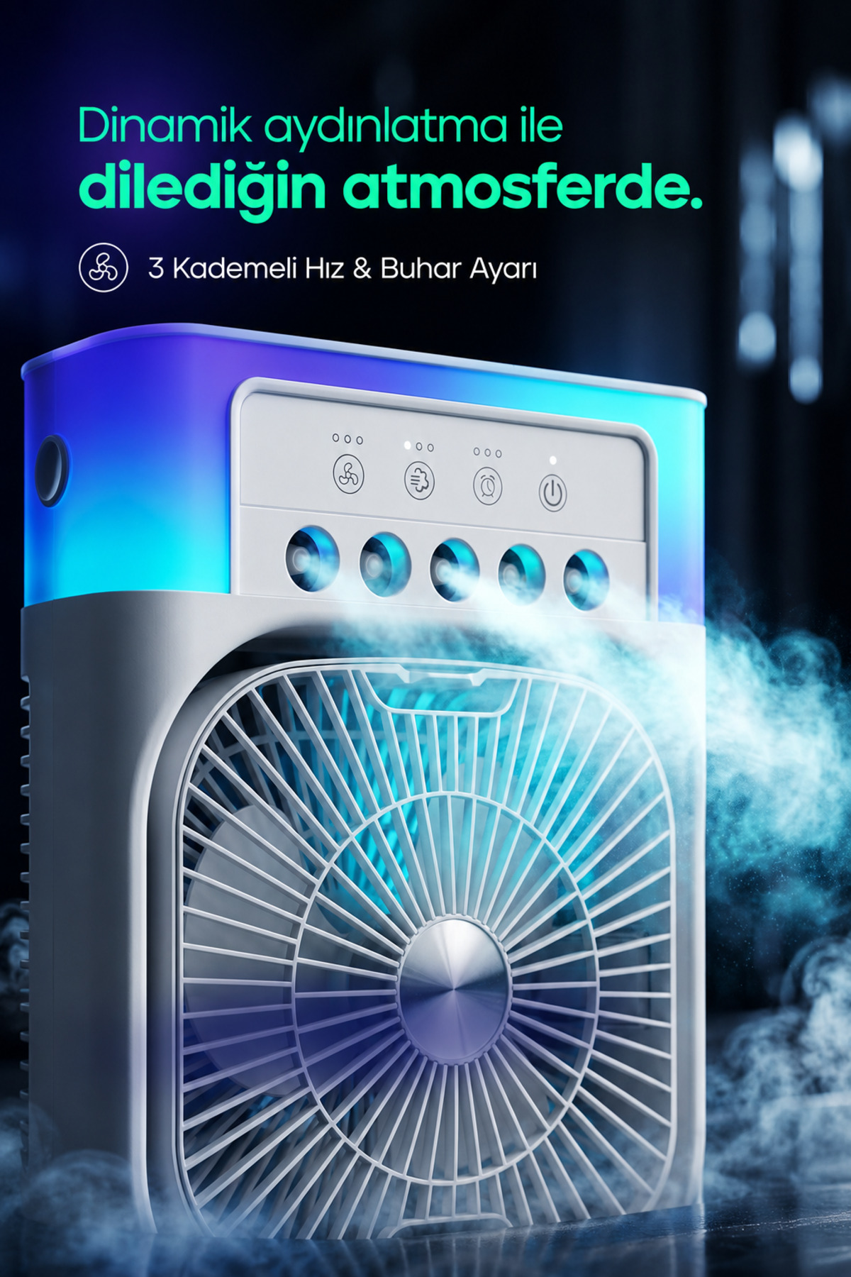 3in1 Masaüstü Fan 3 kademeli Ferah Nemlendirici Buharlı Rgb Aydınlatmalı Vantilatör