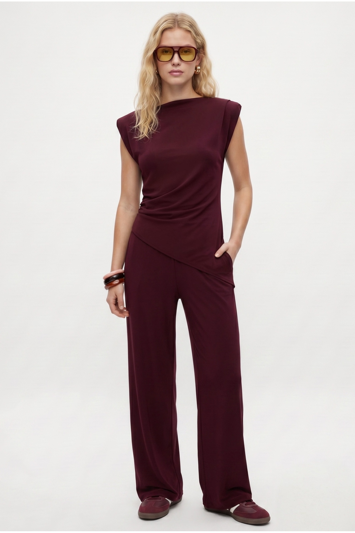 Women's Elvis Modal Touch Padded Asymmetrical Blouse Waist Elastic Burgundy Bottom Top Set