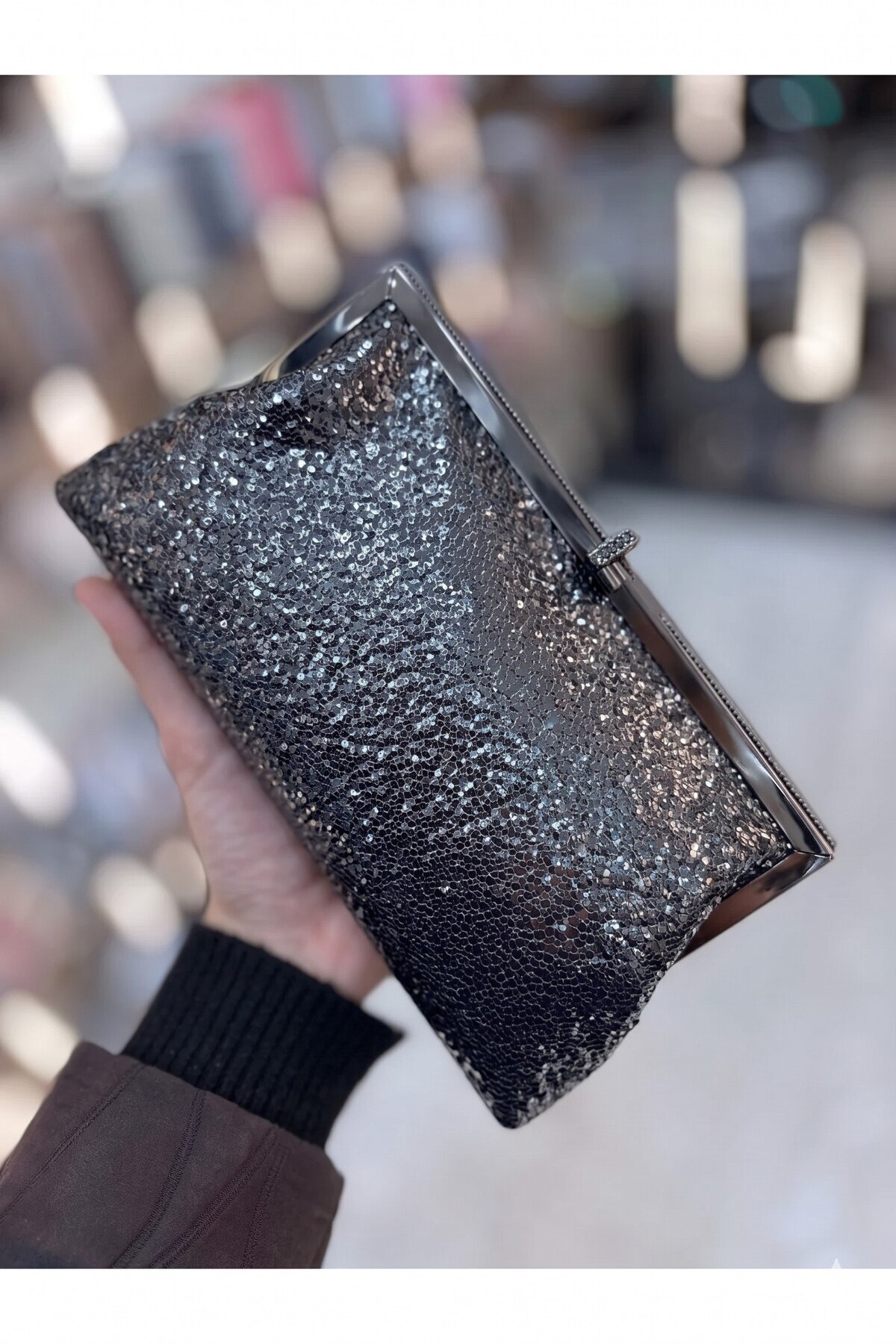 Çanta Trend Kadın Antrasit Venom Desen Taş Detaylı Cüzdan Clutch Model Portföy Özel Gün Ve Abiye Çanta