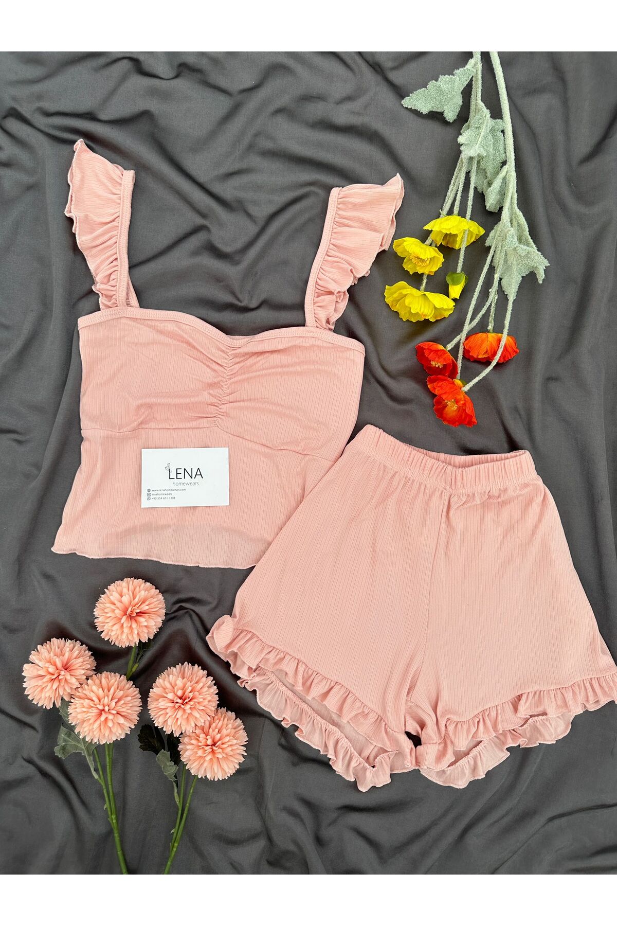 Lena Homewears Kadın Milas Şortlu Yazlık Pijama Takımı görsel 3