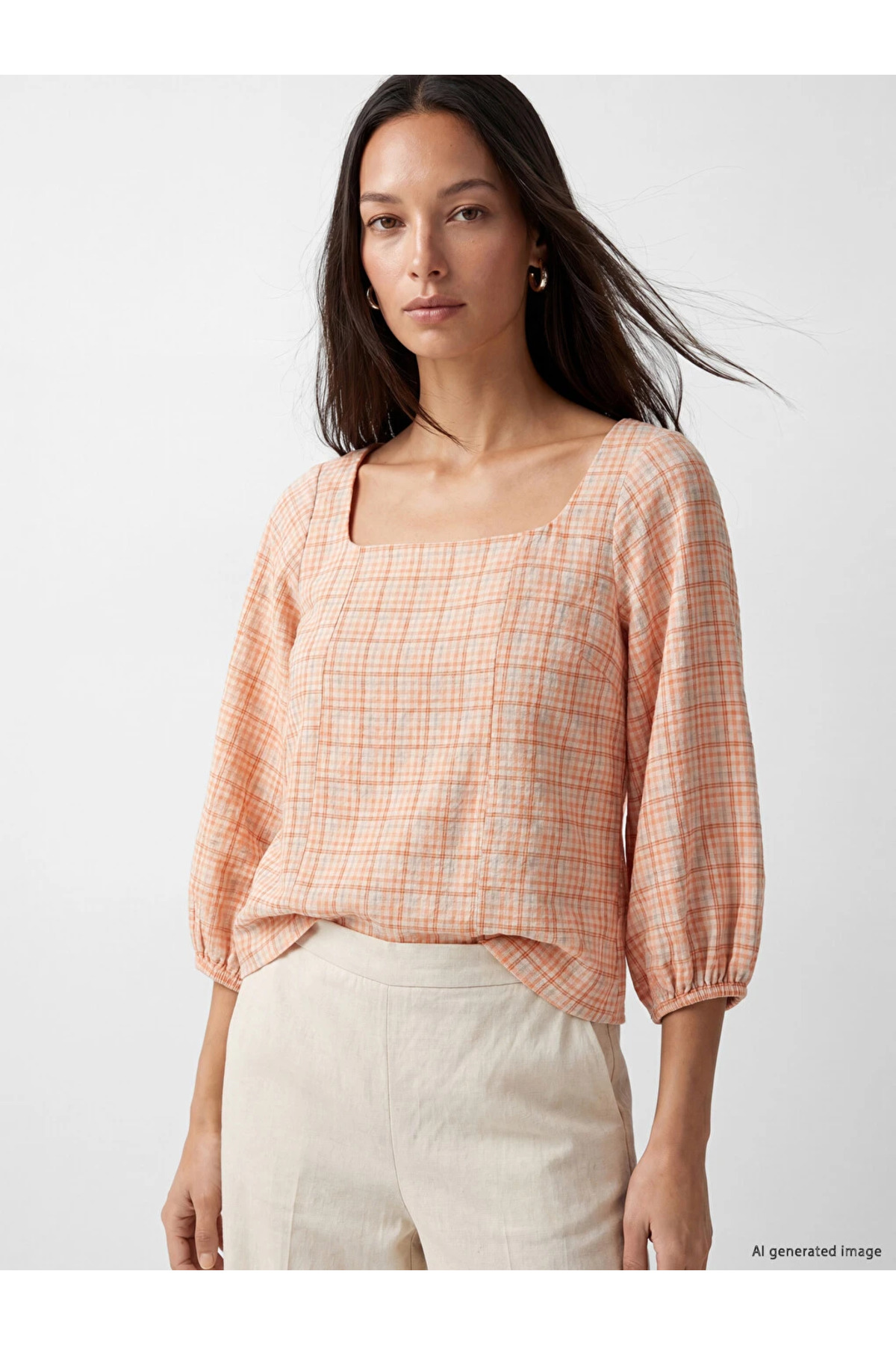 LC Waikiki Mercan Square Collar Checkered Blouse