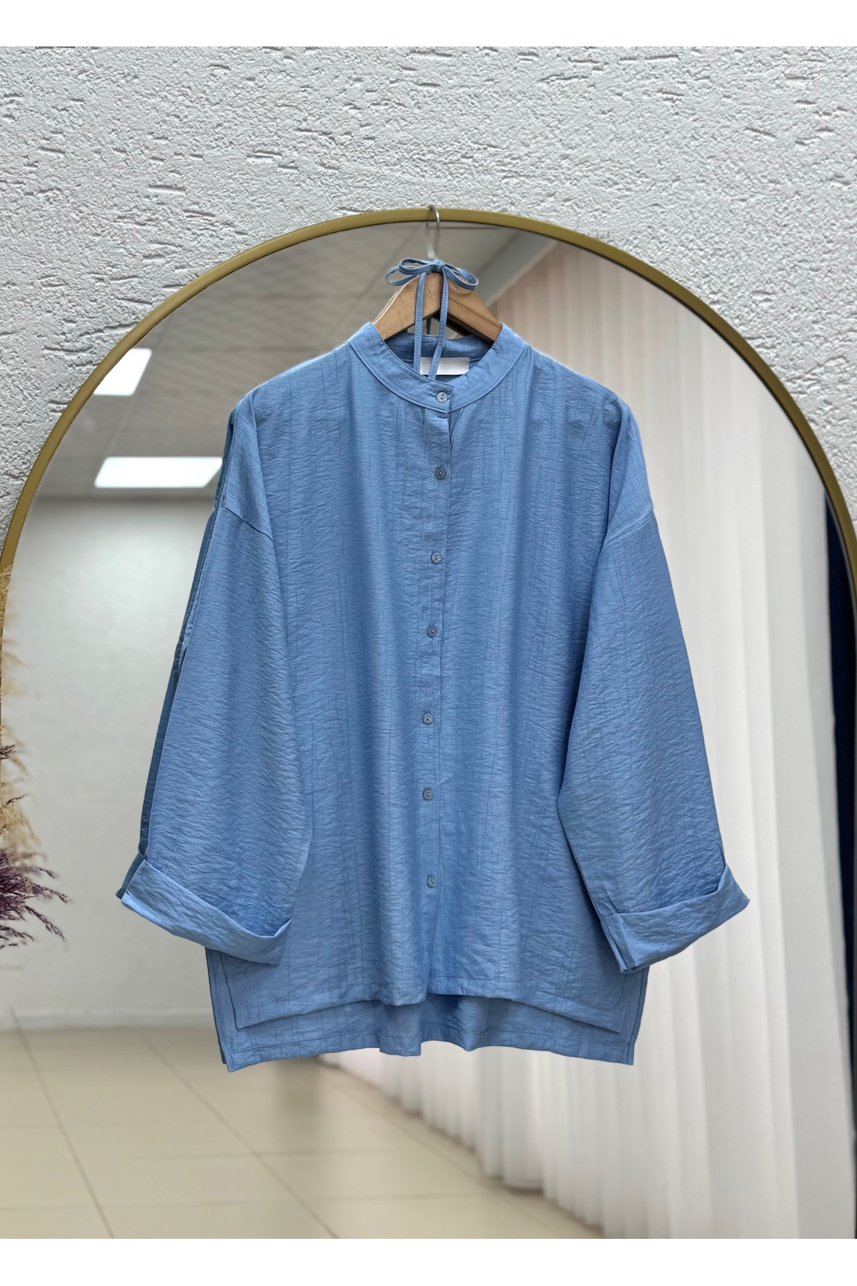 Şeyma Self-Patterned Wide Sleeve Shirt-Çİ943 Blue