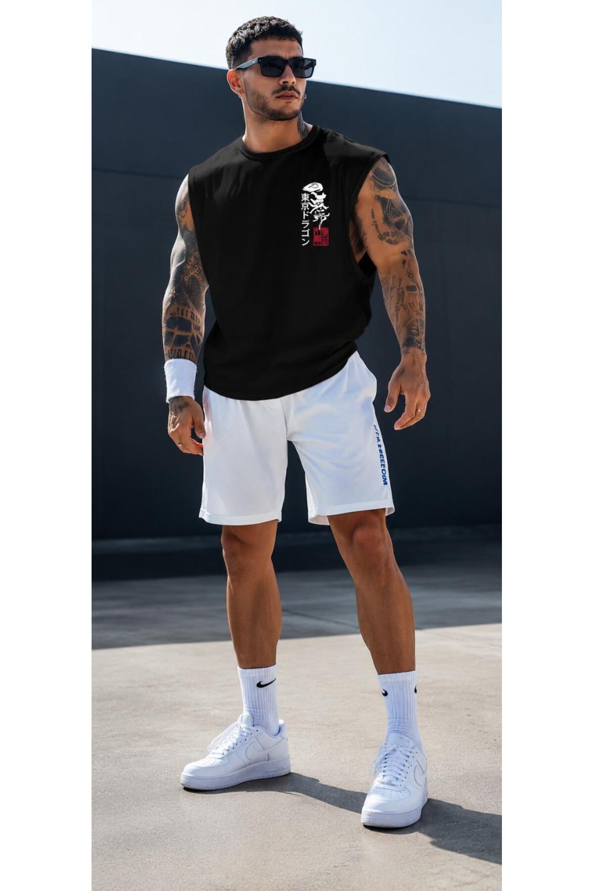 TREND EMMODA Erkek Japonca Yazı Kaligrafi Baskılı Sıfır Kol Yuvarlak Bisiklet Yaka Siyah Tişört / Tshirt