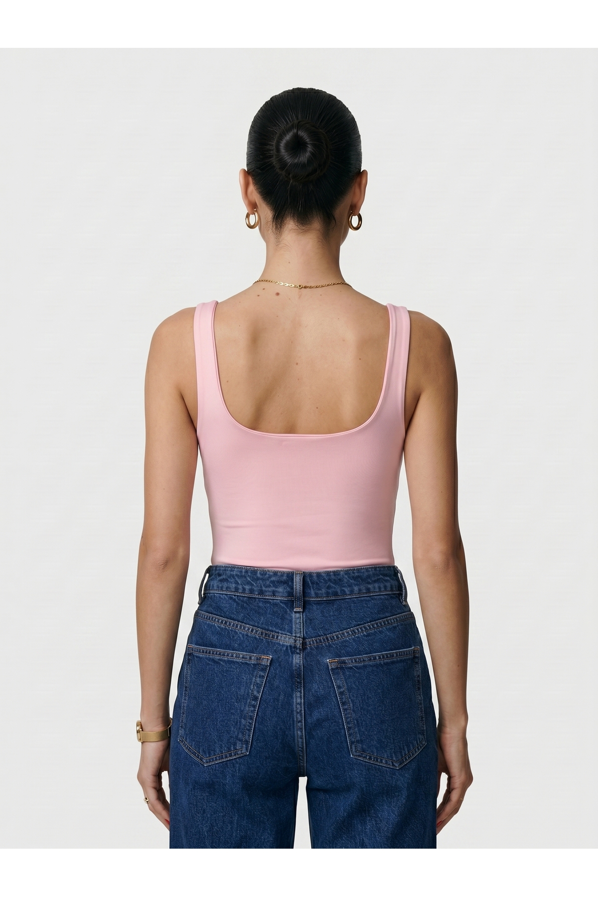 Kadın Kare Yaka Kalın Askılı Çıtçıtlı Body Slim Fit Dar Kalıp Likralı Bodysuit - Pembe 4