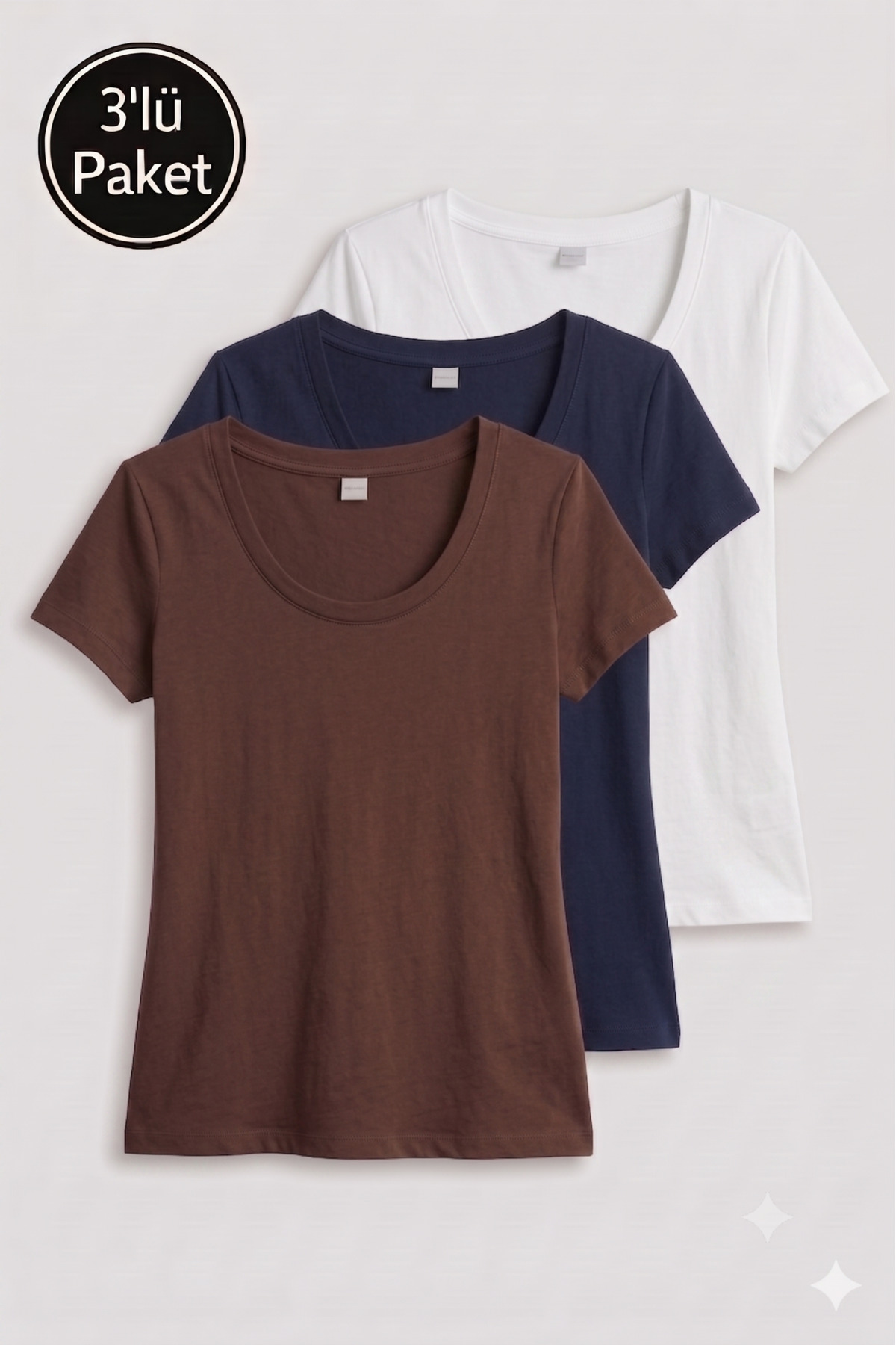 Women's Cotton T-Shirt 3-Piece Set U-Neck