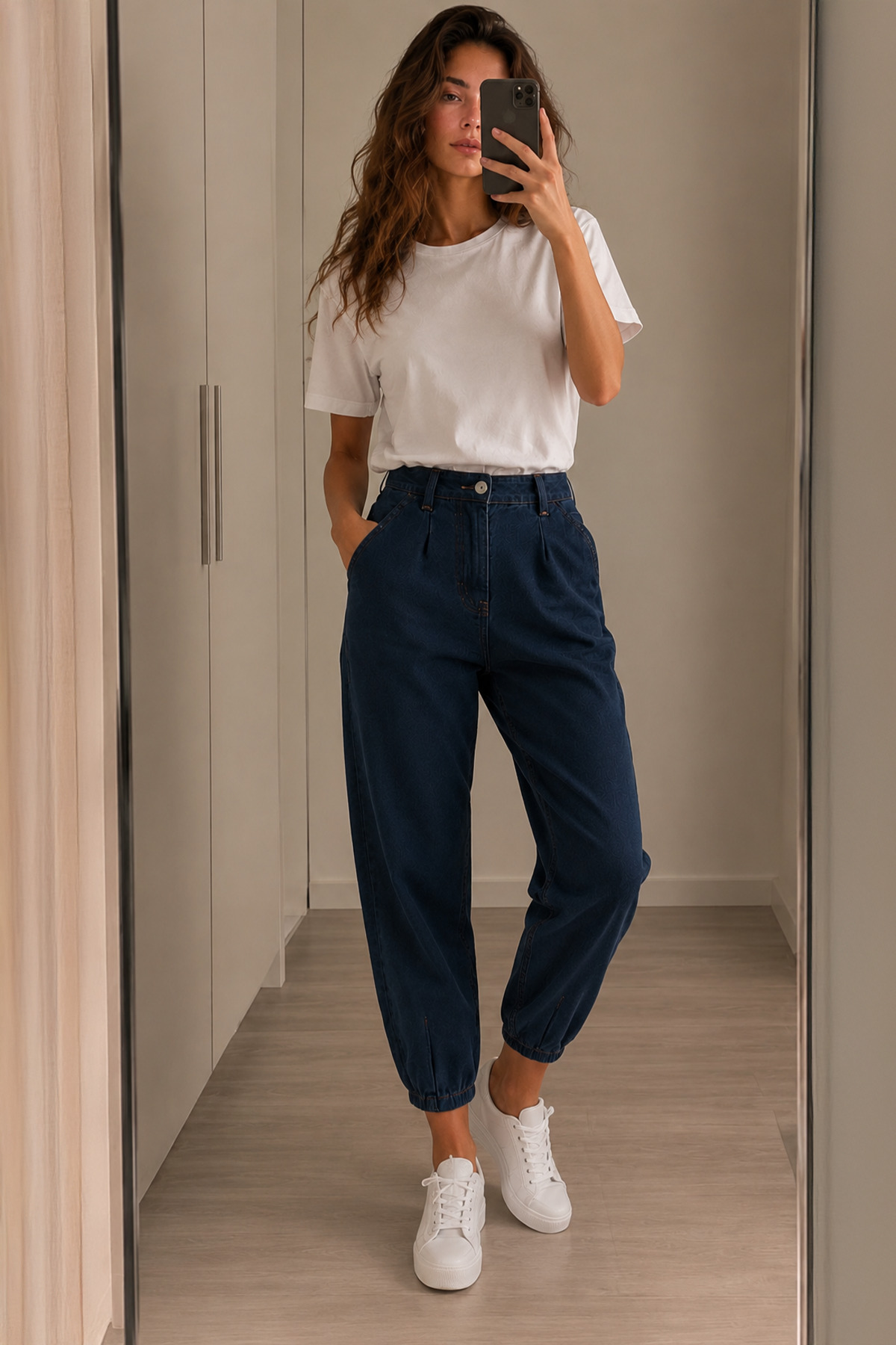 Denvy Denim Kadın Koyu Mavi Yüksek Bel Pens Detaylı Dar Paça Boyfriend Jean
