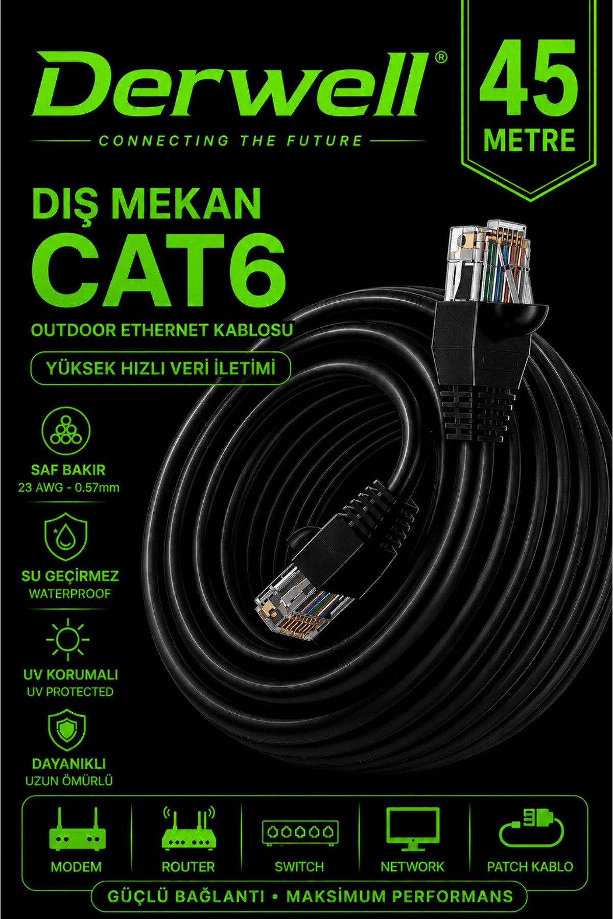 45 METRE CAT6 Dış Mekan Outdoor Ethernet Kablosu 23 AWG 0.57mm Kalın Saf Bakır İnternet Ağ Kablosu Yüksek Hızlı Veri İletimi Su Geçirmez UV Korumalı Dayanıklı Siyah Modem Router Switch Patch Kablo