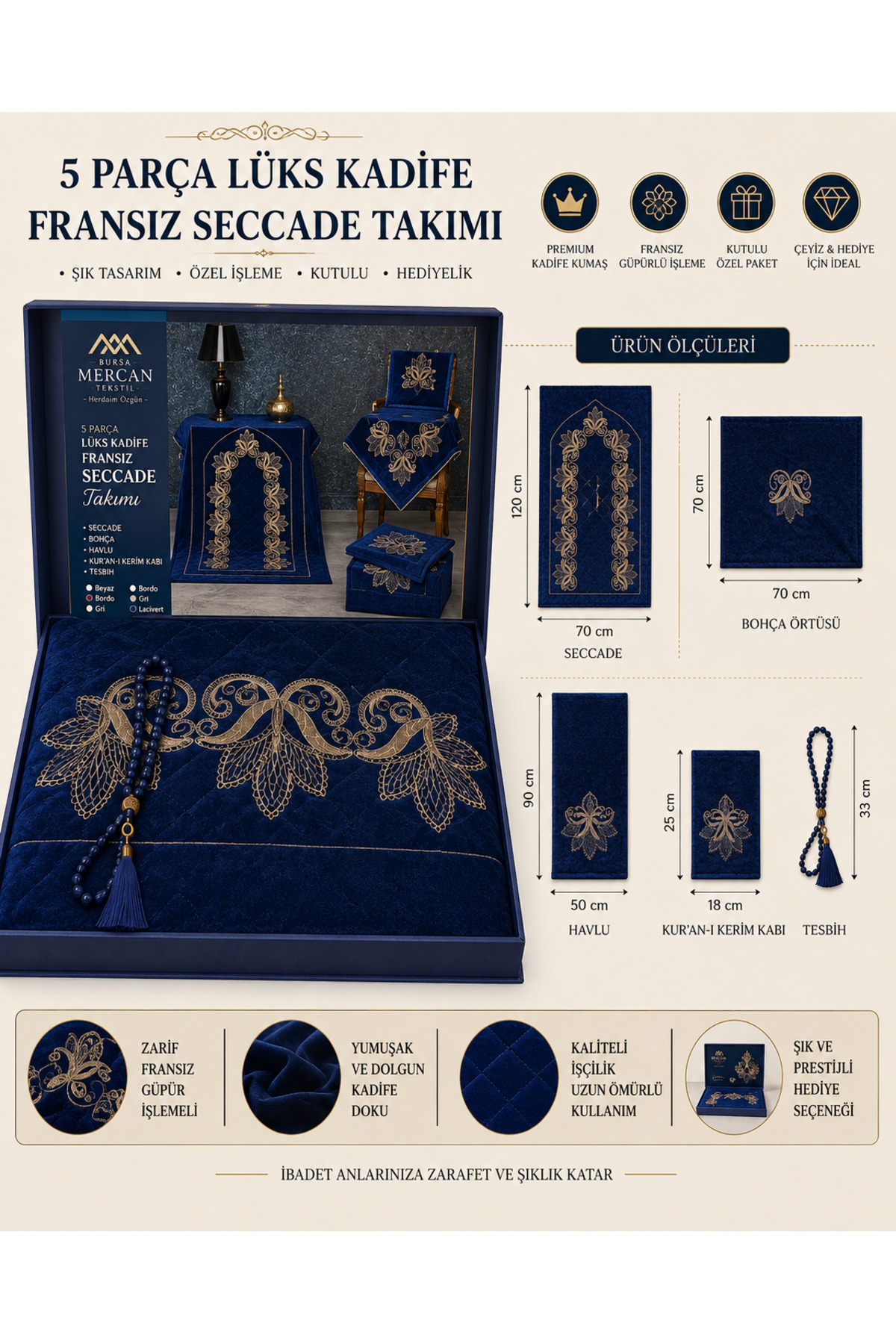 Lüks Kadife Seccade Takımı 5 Parça Bohçalık Hediyelik Set