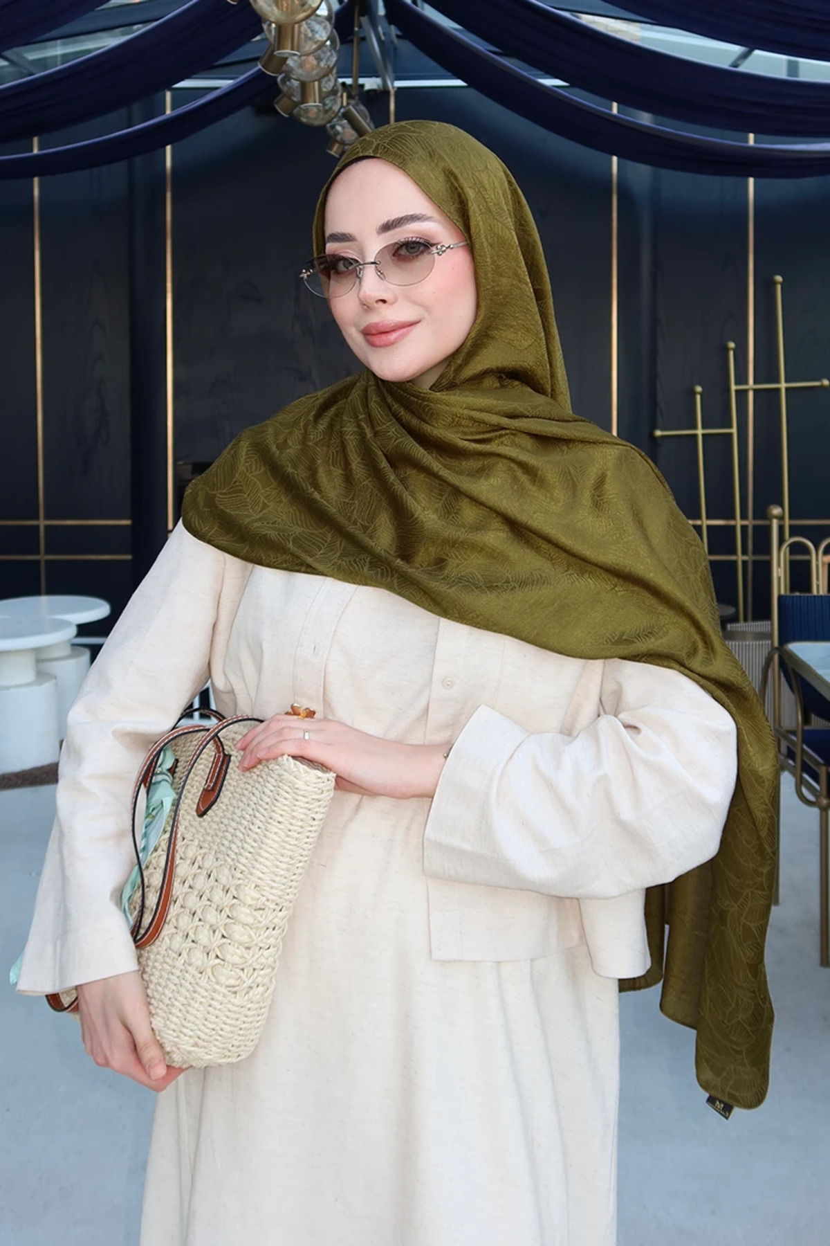 Madame Polo Premium Glow Jakar Şal Yaprak - Yağ Yeşili